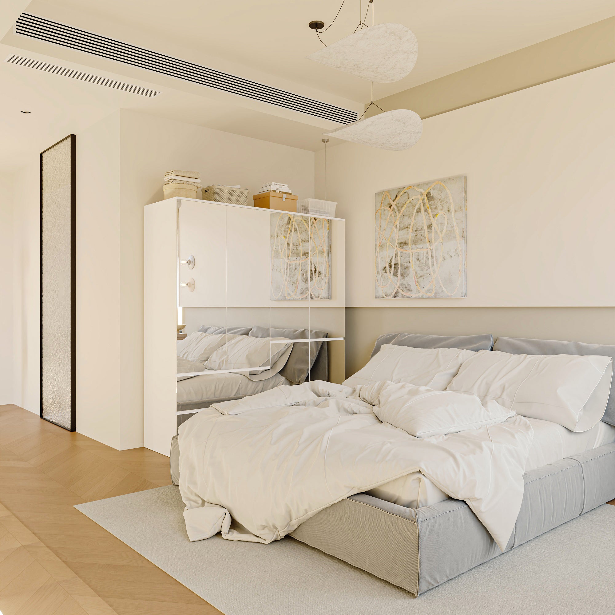 Elegant Full-Length Mirrored Wardrobe With Dual Compartments And Multiple Drawers