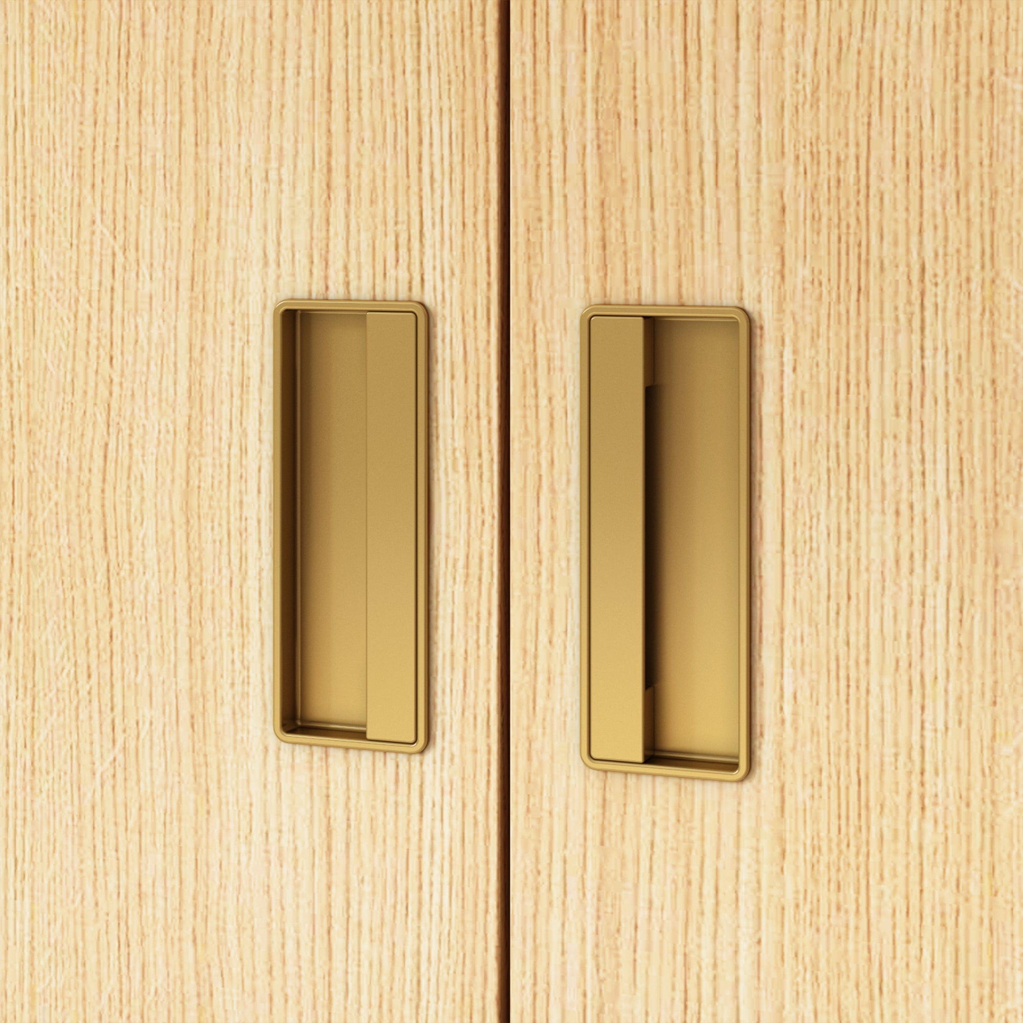Close-up of wooden cabinet doors with gold handles