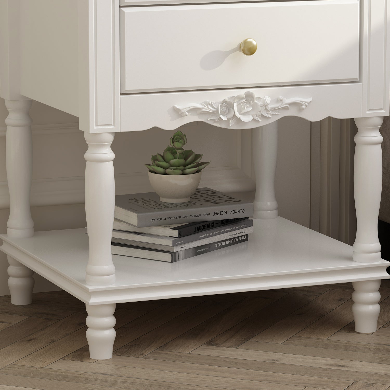 End Table Side Table Bedroom Night Stand Bedside Embossed Table with 2 Drawers & Open Shelf