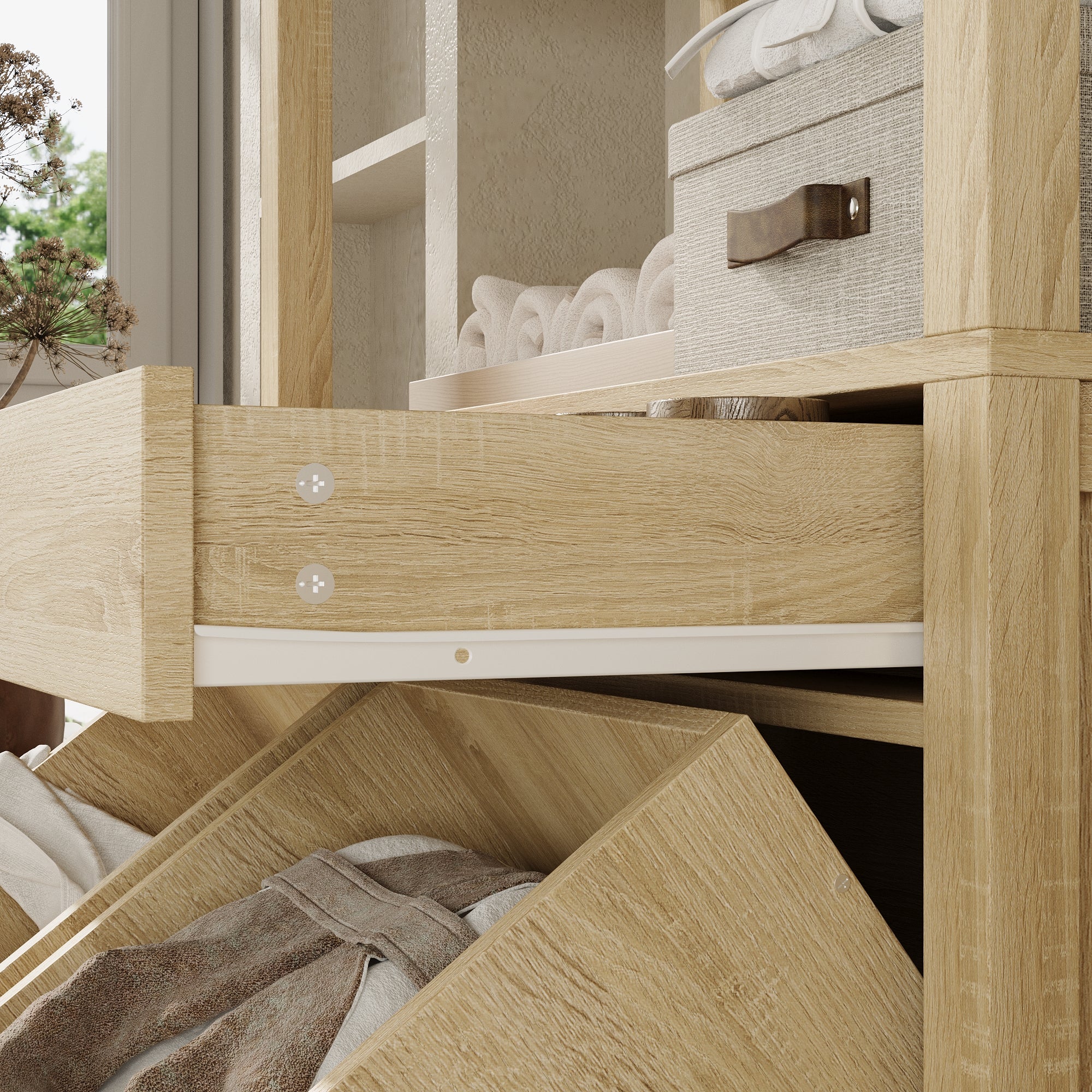 Tall Waterproof Laundry Hamper Cabinet With 2 Tilt-Out Baskets And Drawer, Open Shelves Organizer, Oak Finish, 70.8" H