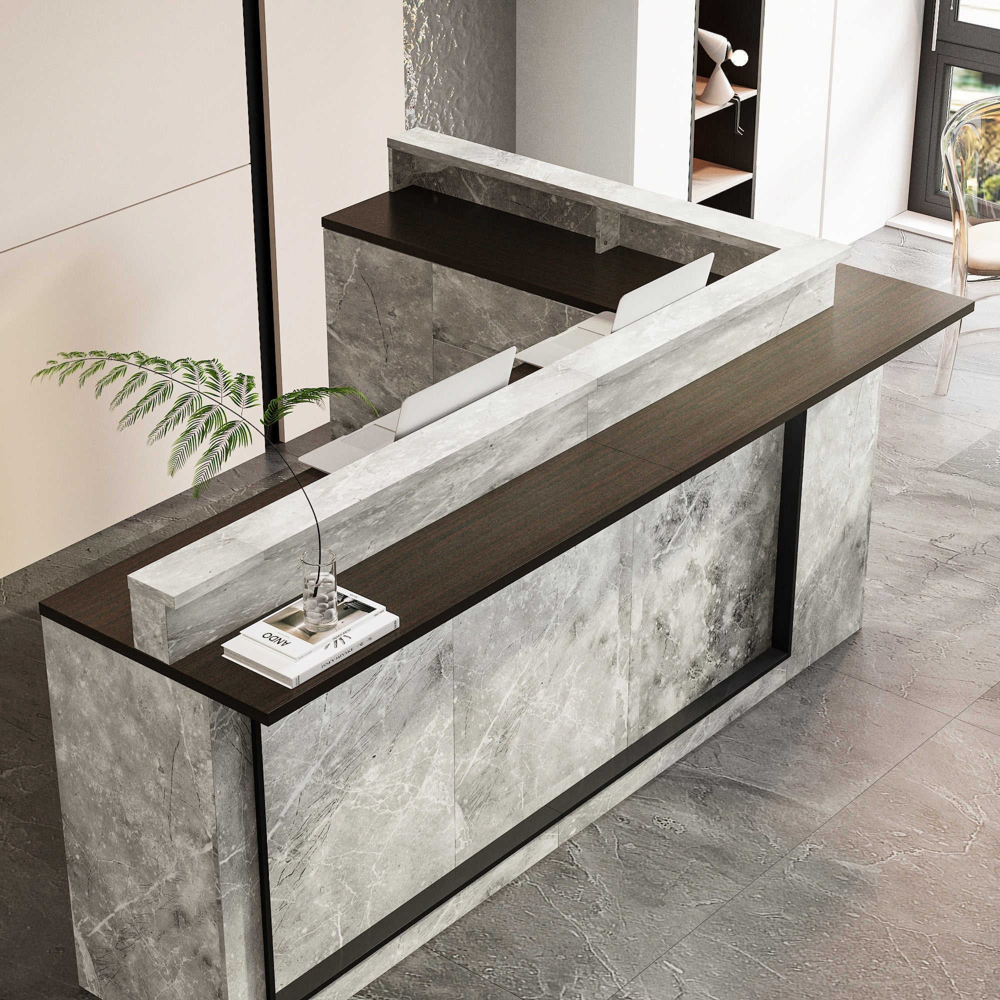 Modern reception desk with marble finish in an office setting