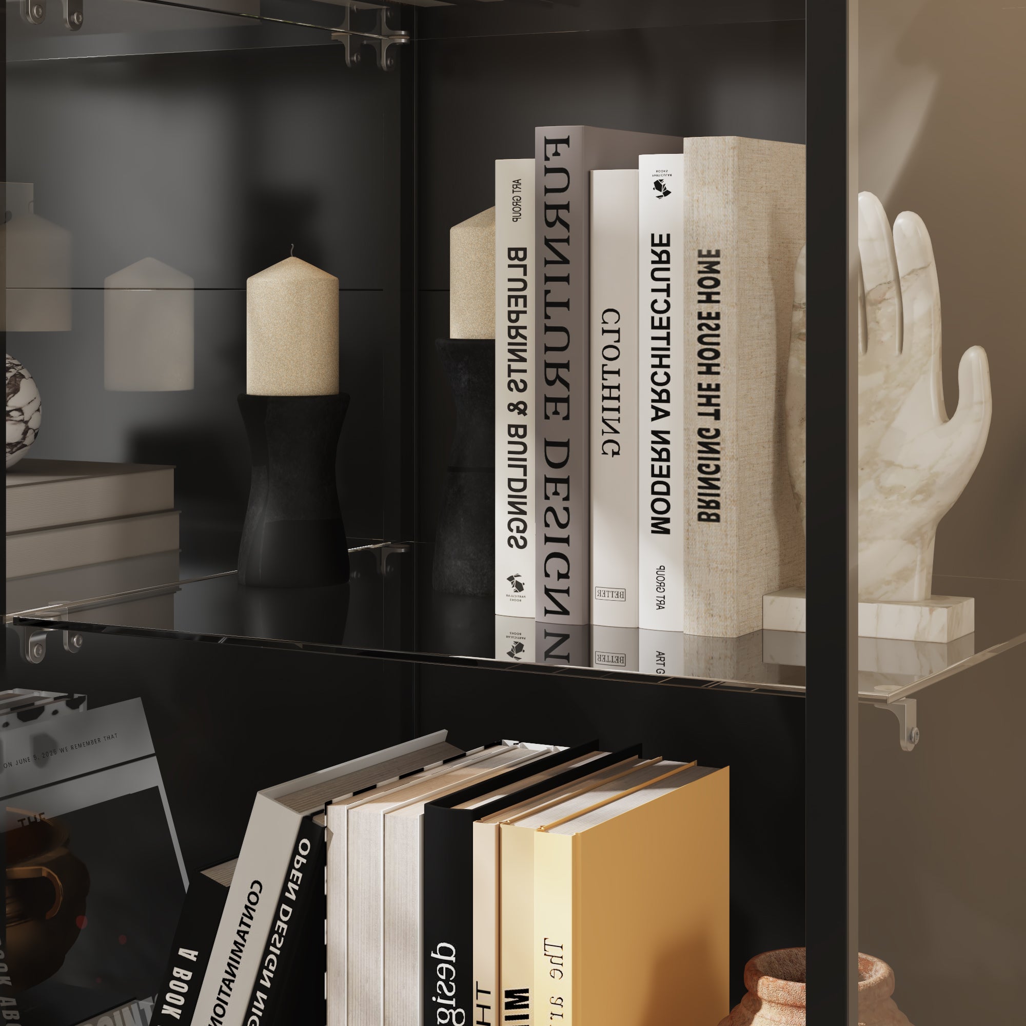 39.4 inches Modern Black 5-Tier Curio Cabinet with Sliding Glass Doors and LED Lights