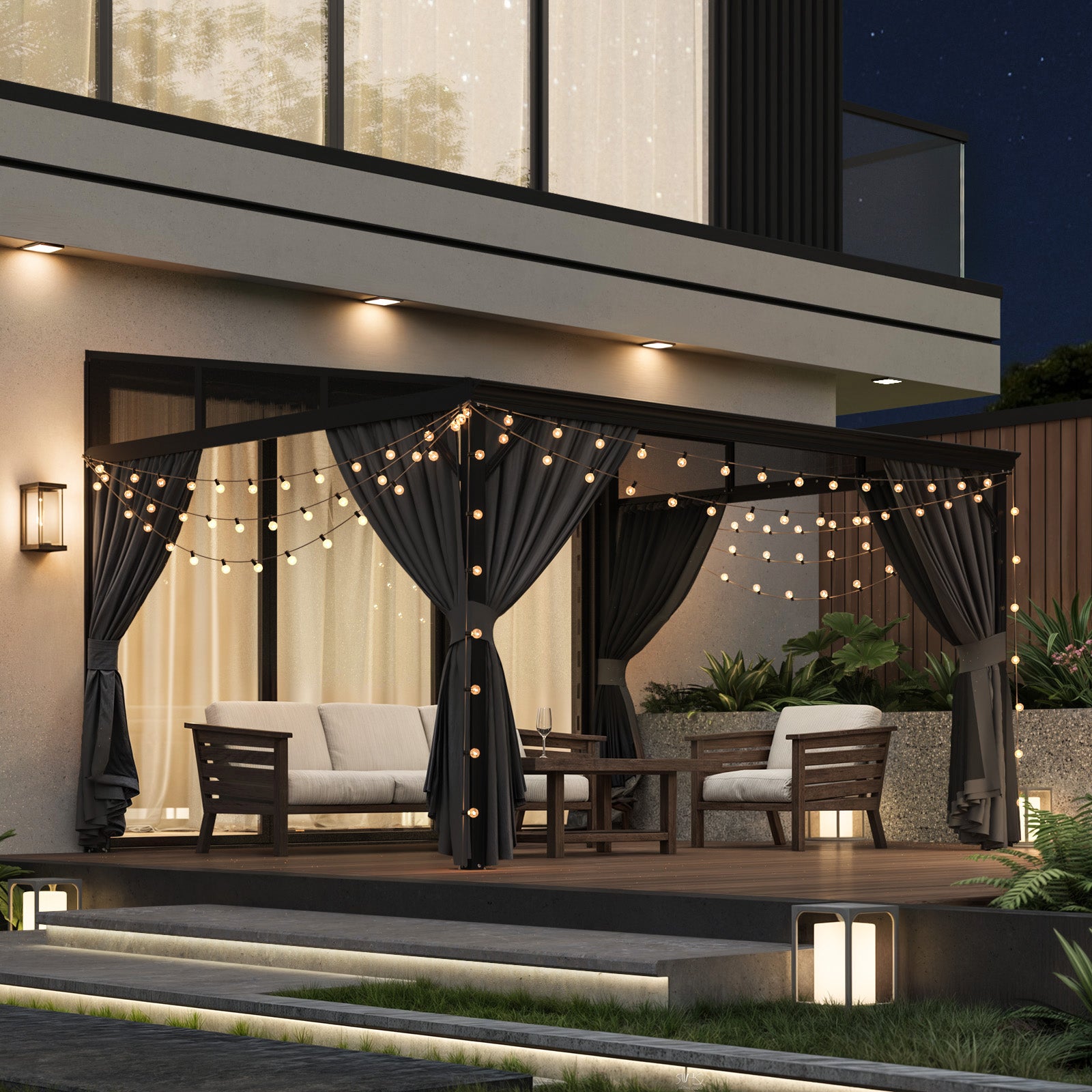 Wall-Mounted Hardtop Gazebo With Curtains & Mosquito Net For 6-7 People