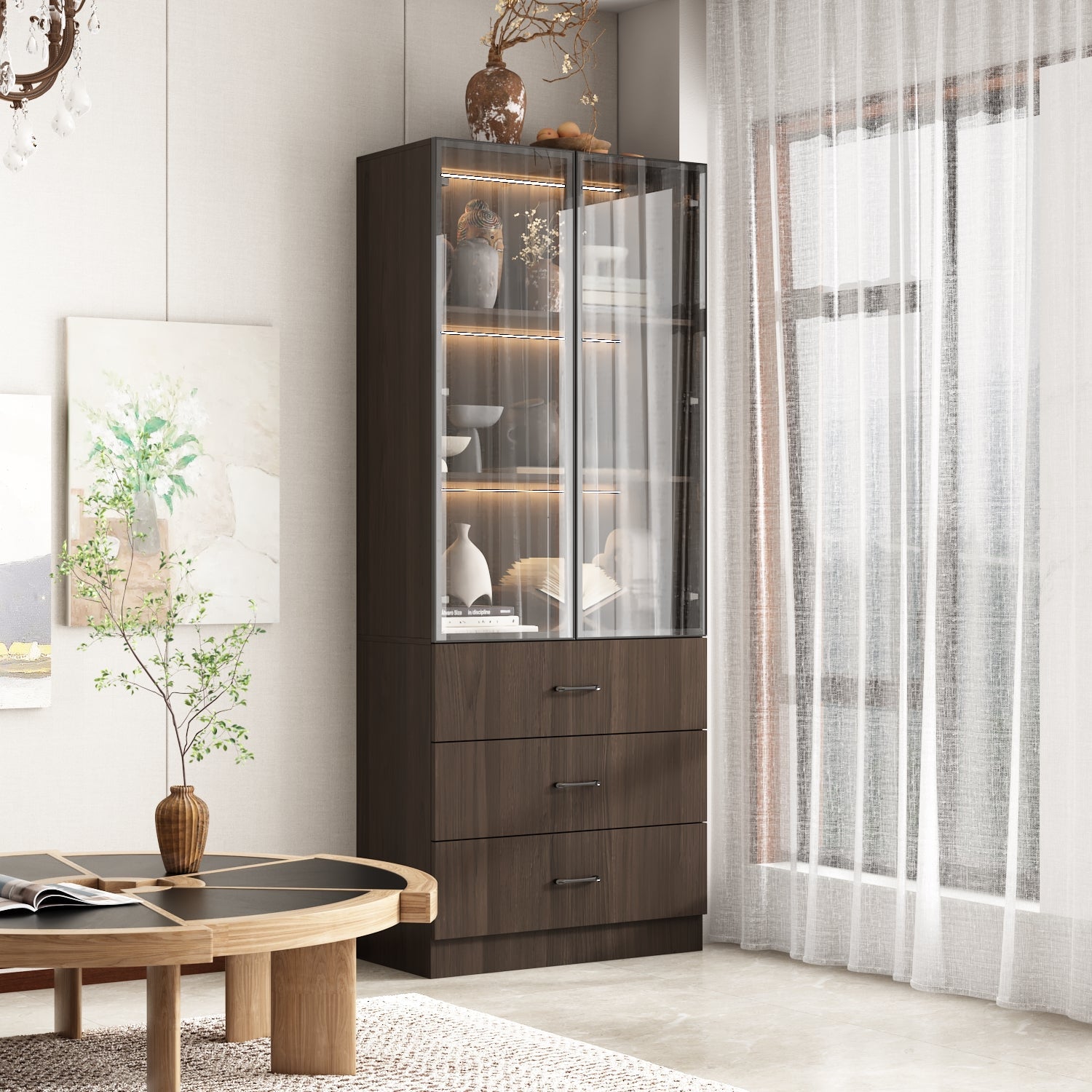 78.7 H x 31.5 W Glass Door Curio Cabinet with 3 drawers, LED lights