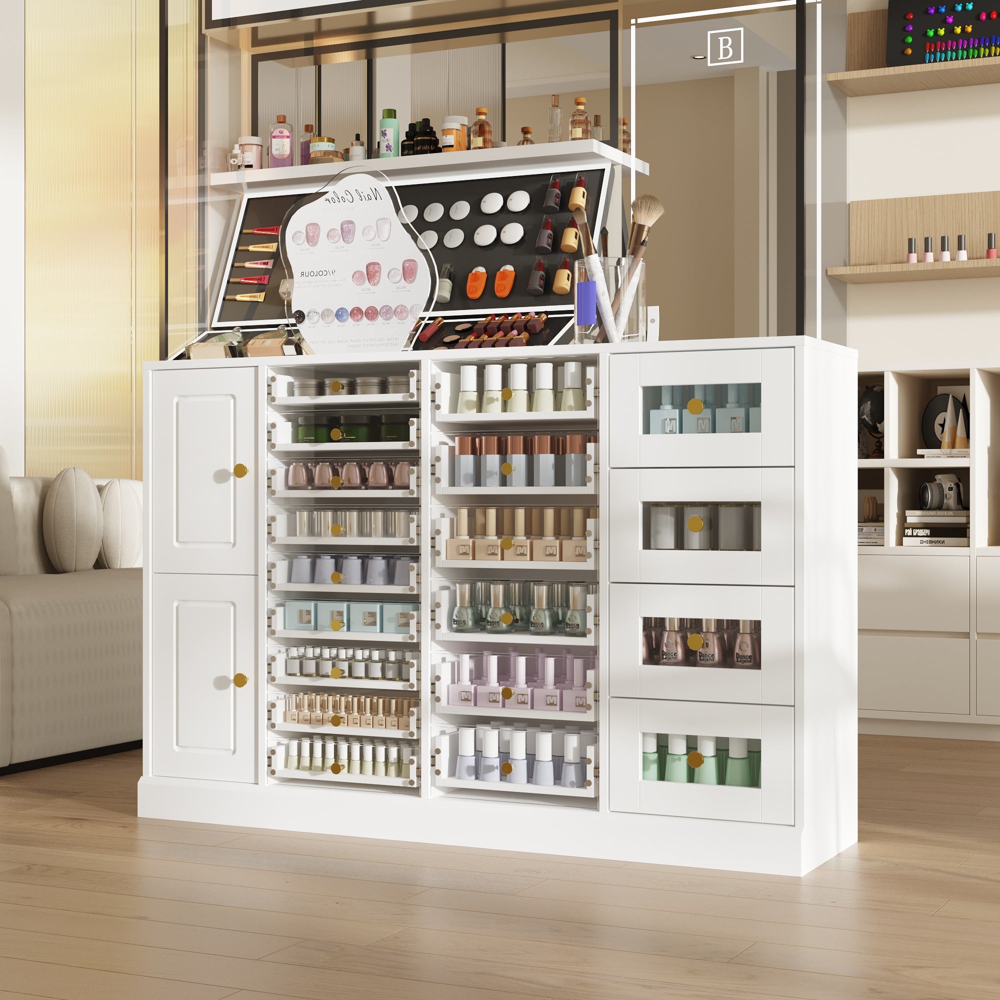 White nail polish storage cabinet with clear drawers, shelves, and side cabinet door
