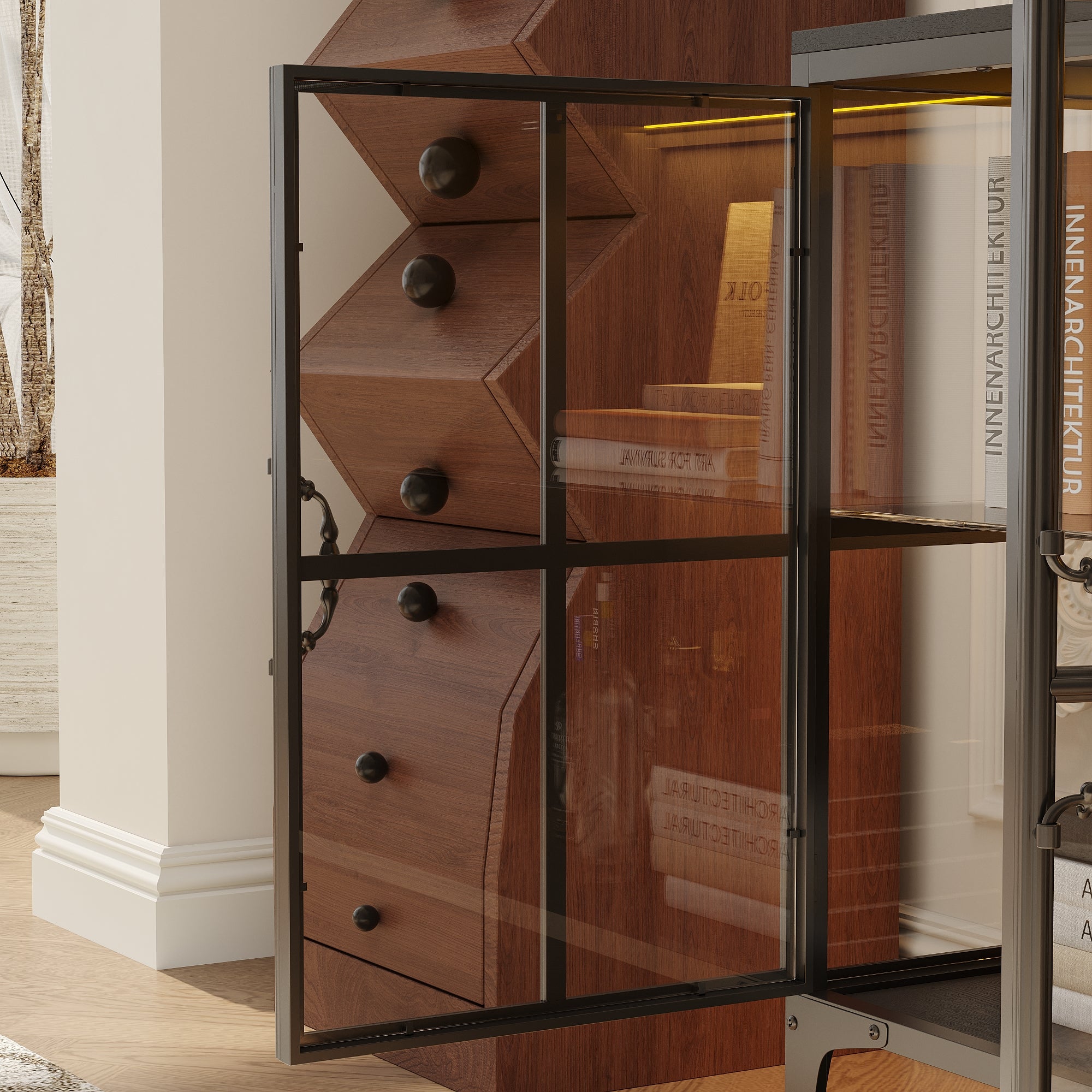 Wooden cabinet with glass doors in a room setting