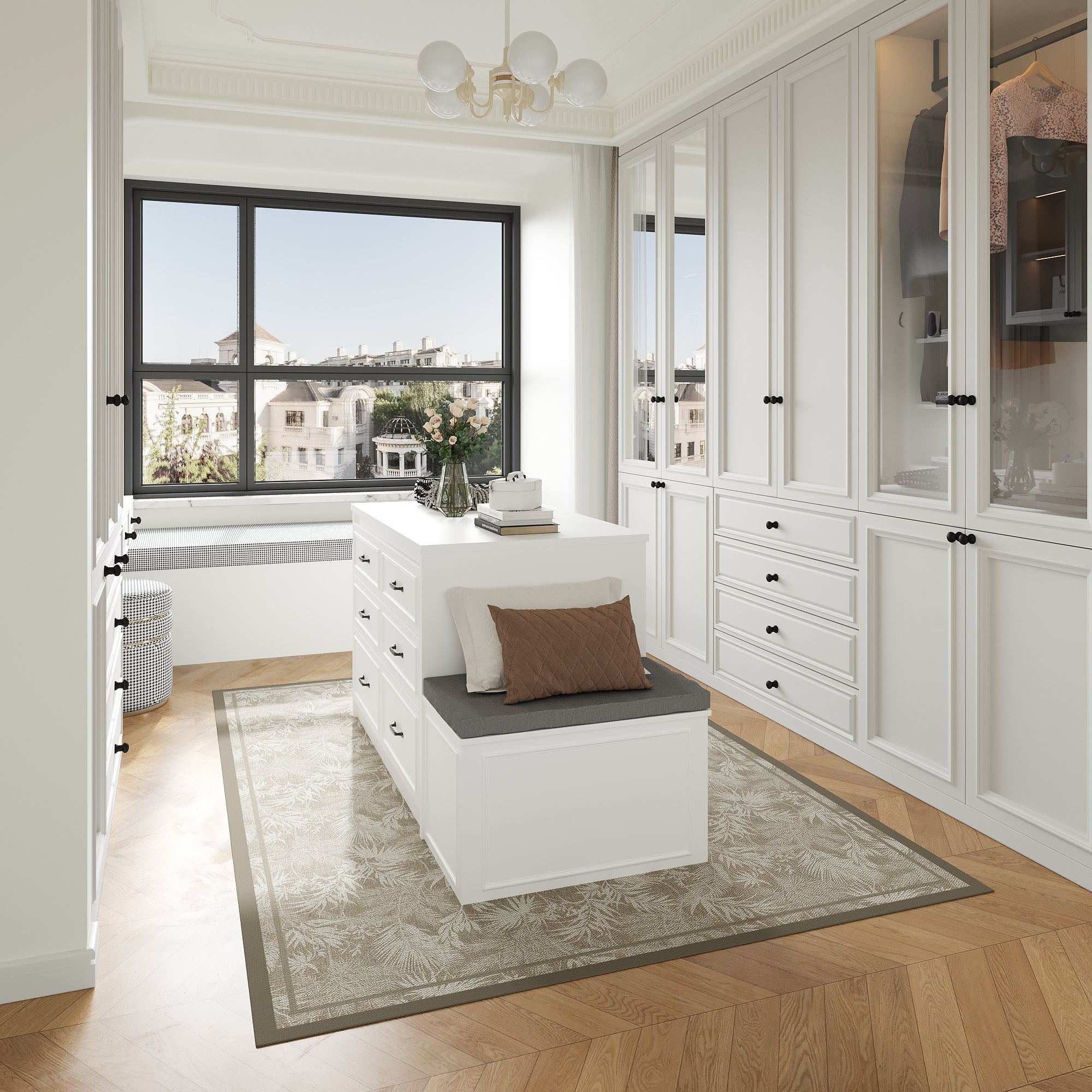 12-Drawer Closet Island With Built-In Shoe Bench