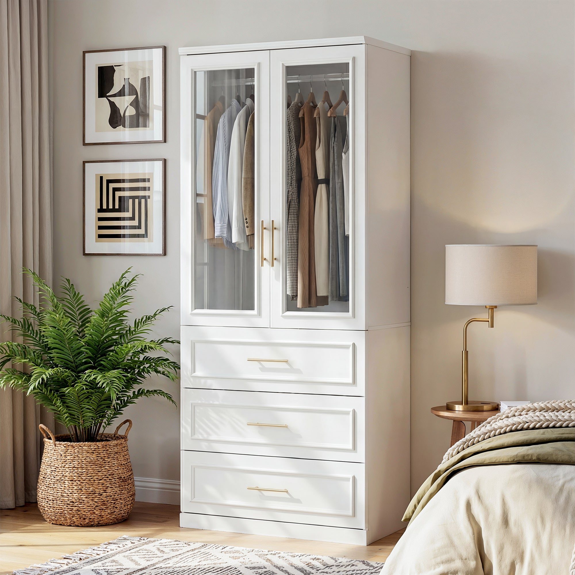 74.9'' H 6 Glass Door Armoire w/ Hanging Rod & 3 Drawers