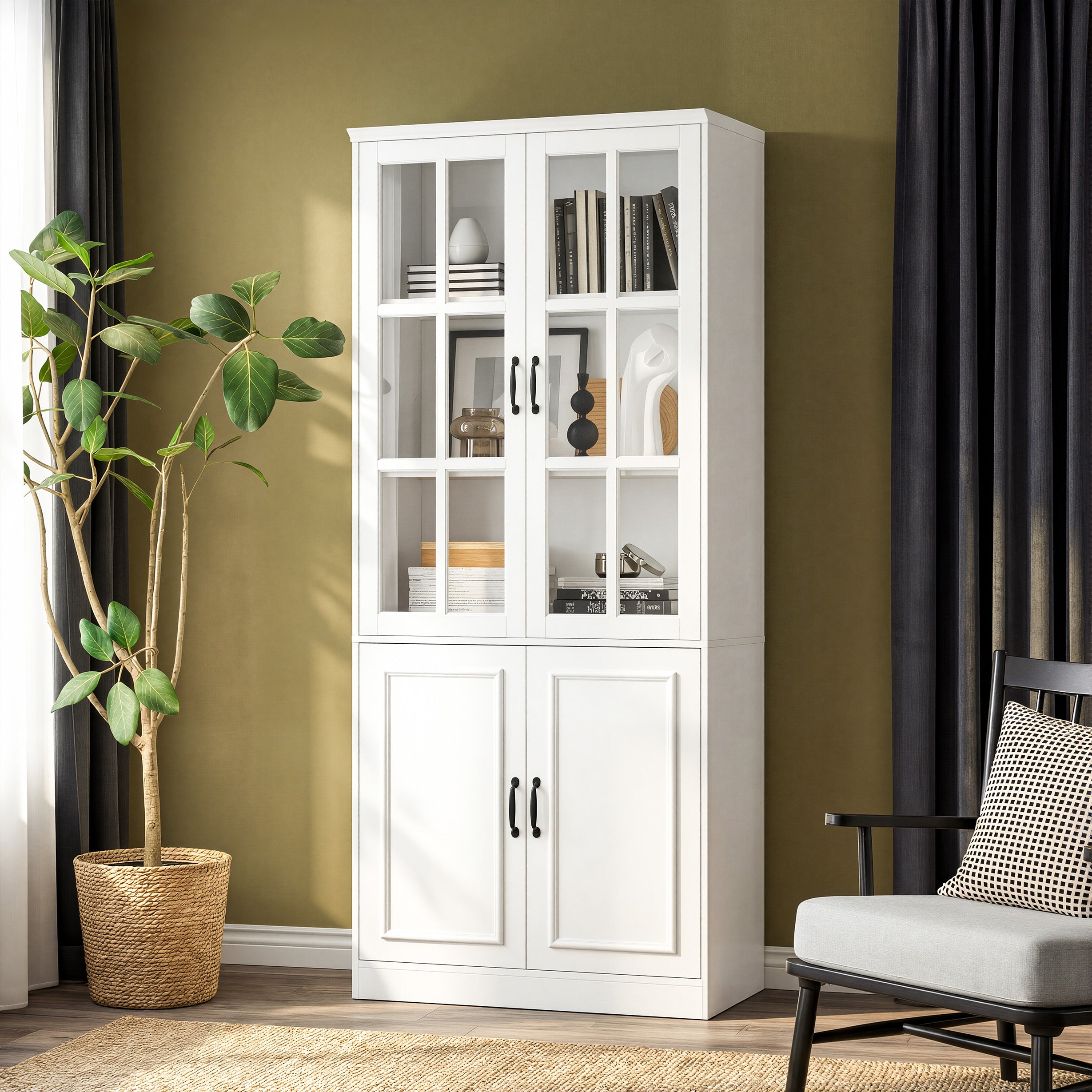 31.5 inches Modern White Standard Storage Bookcase with Glass Door and Shelves