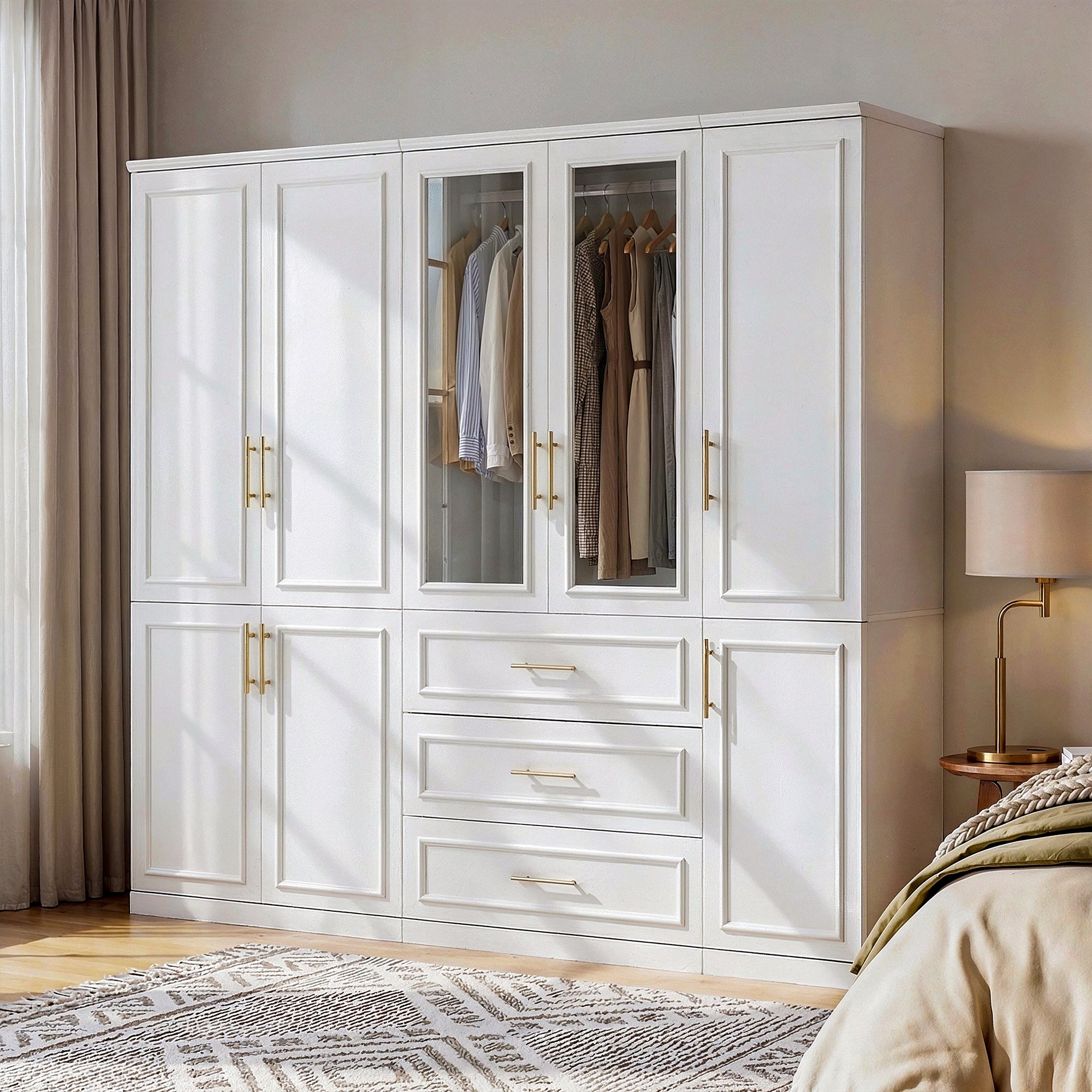 79.3 inch Luxe White Armoire with 8 Doors and 3 Drawers