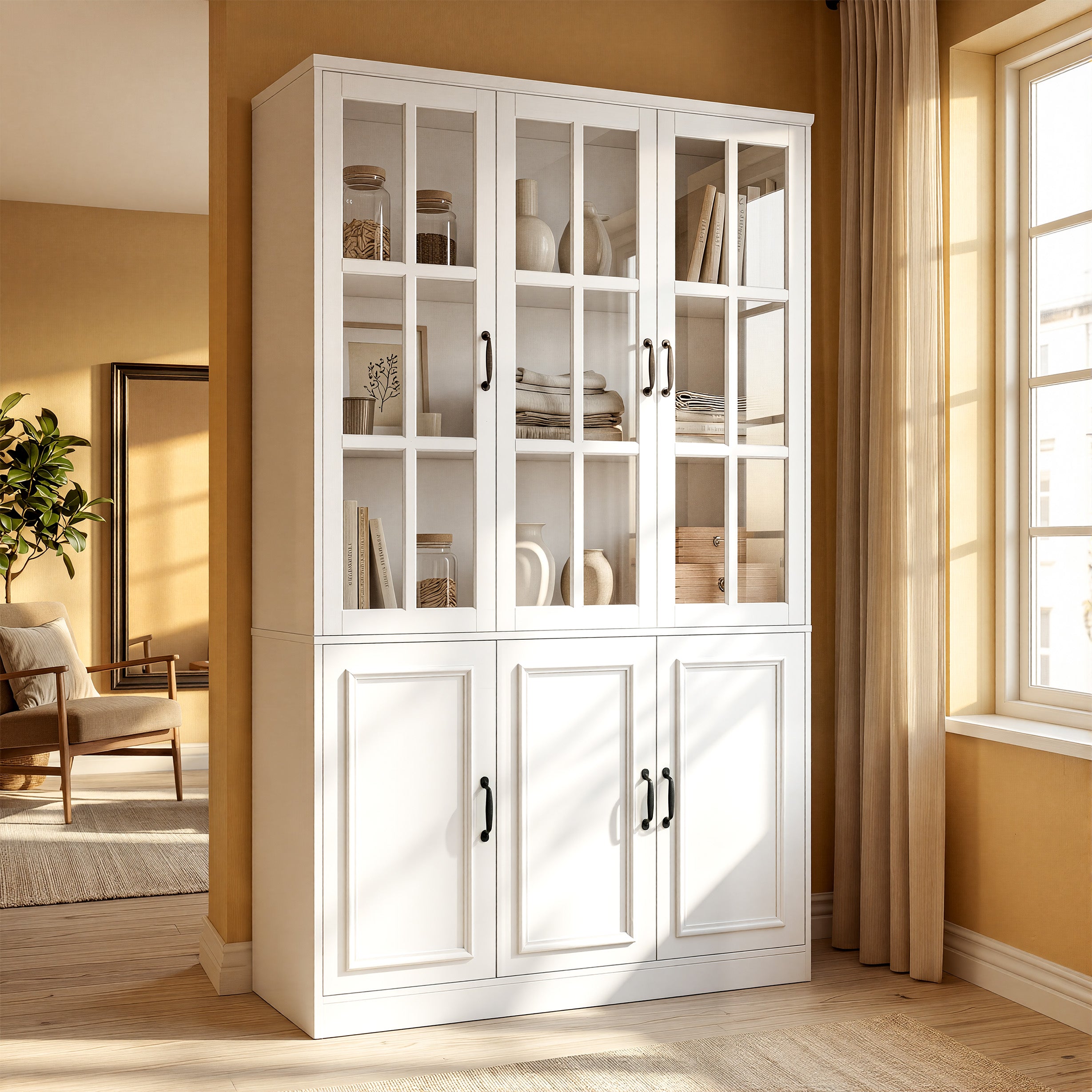 47.2 inches Modern White Freestanding Wood Bookcase with 3 Glass Doors