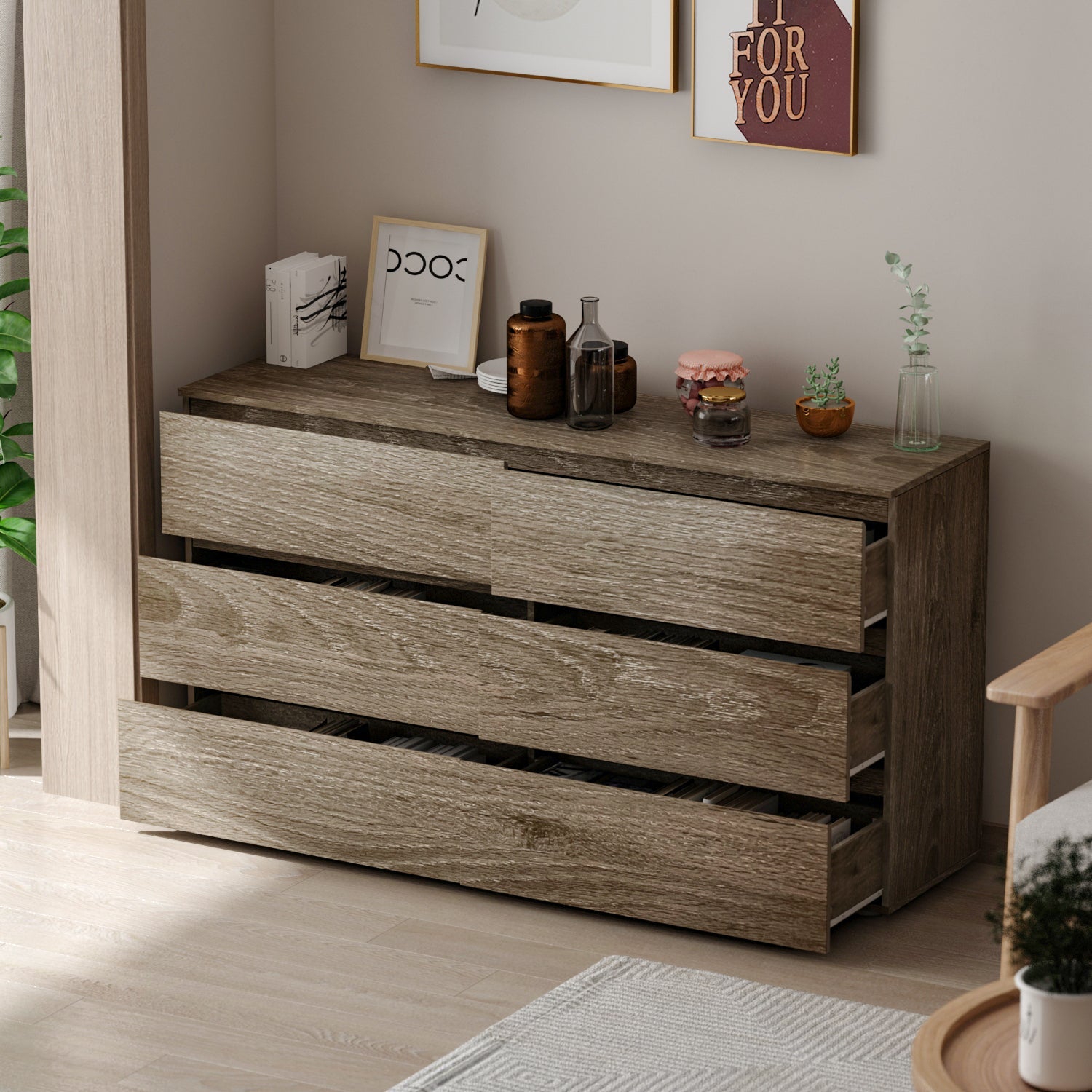 Distressed Sideboard 6-Drawer Storage Buffet Display Table Grain Texture for Living Room and Kitchen
