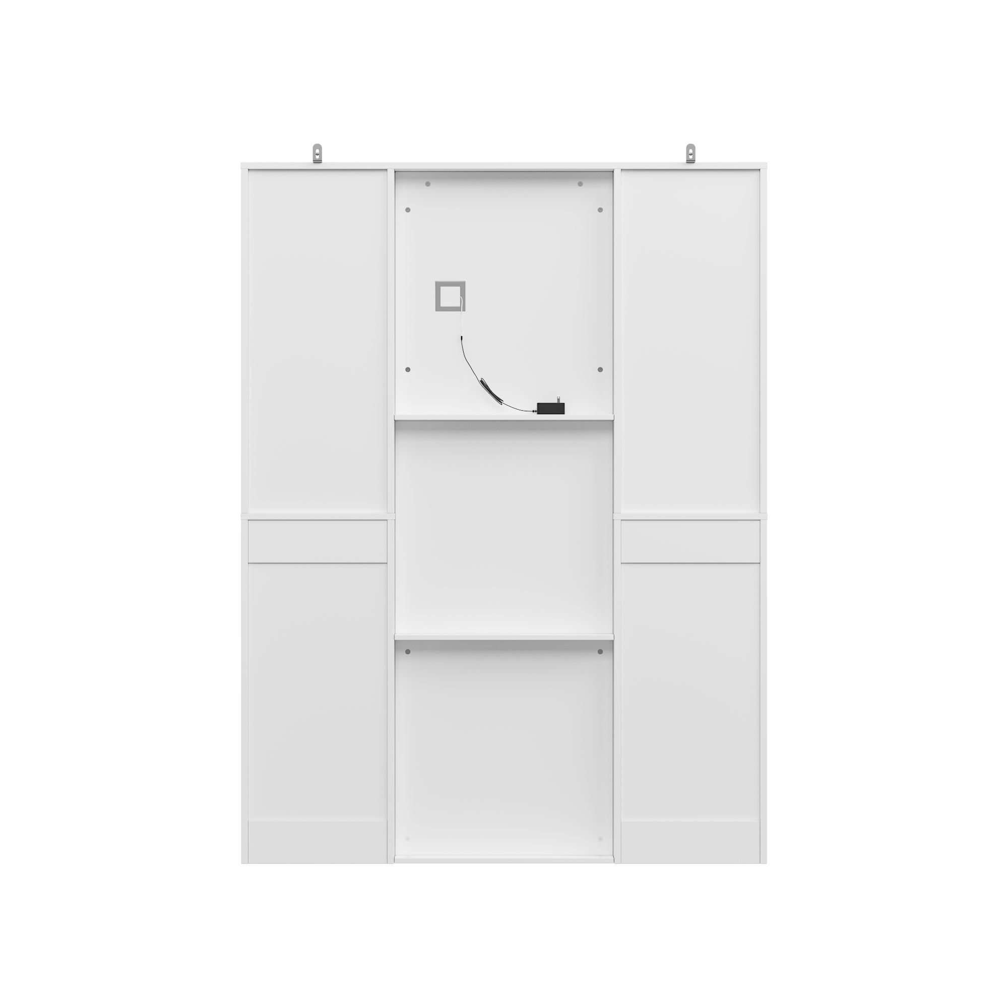 White makeup vanity with full-length LED mirror, side shelves, and drawer storage