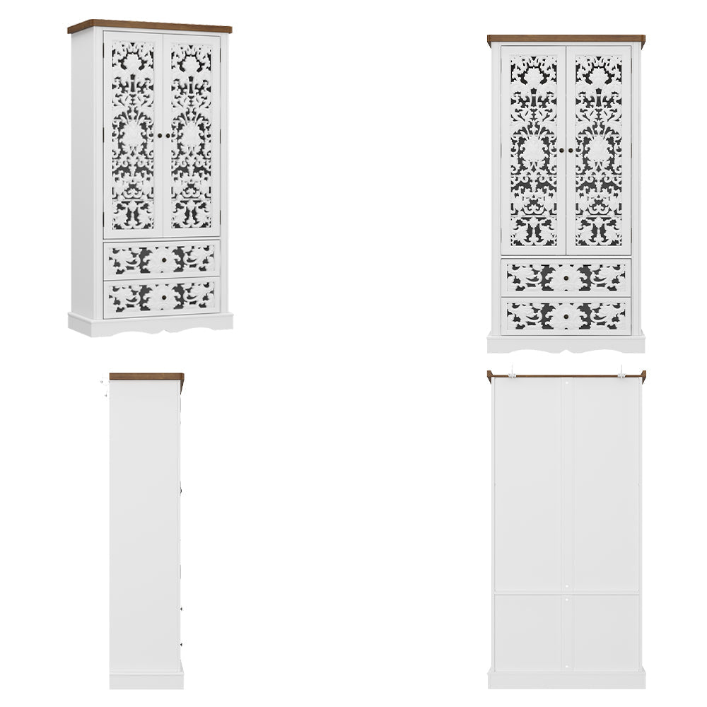 Dining room with a white ornate cabinet and wooden table