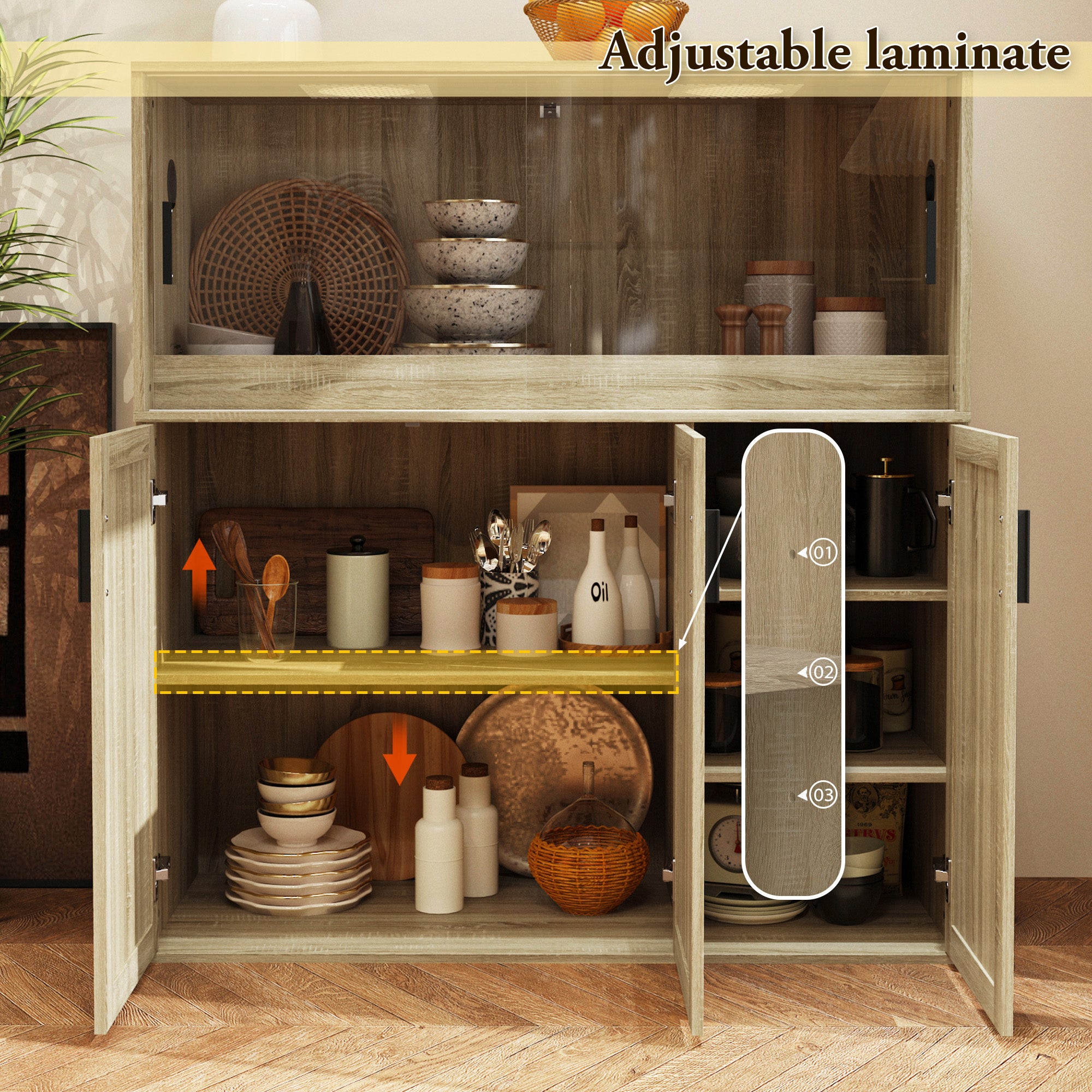 47.2 inch Modern Natural Wood Food Pantry Cabinet with Sliding Glass Doors & Ventilated Design