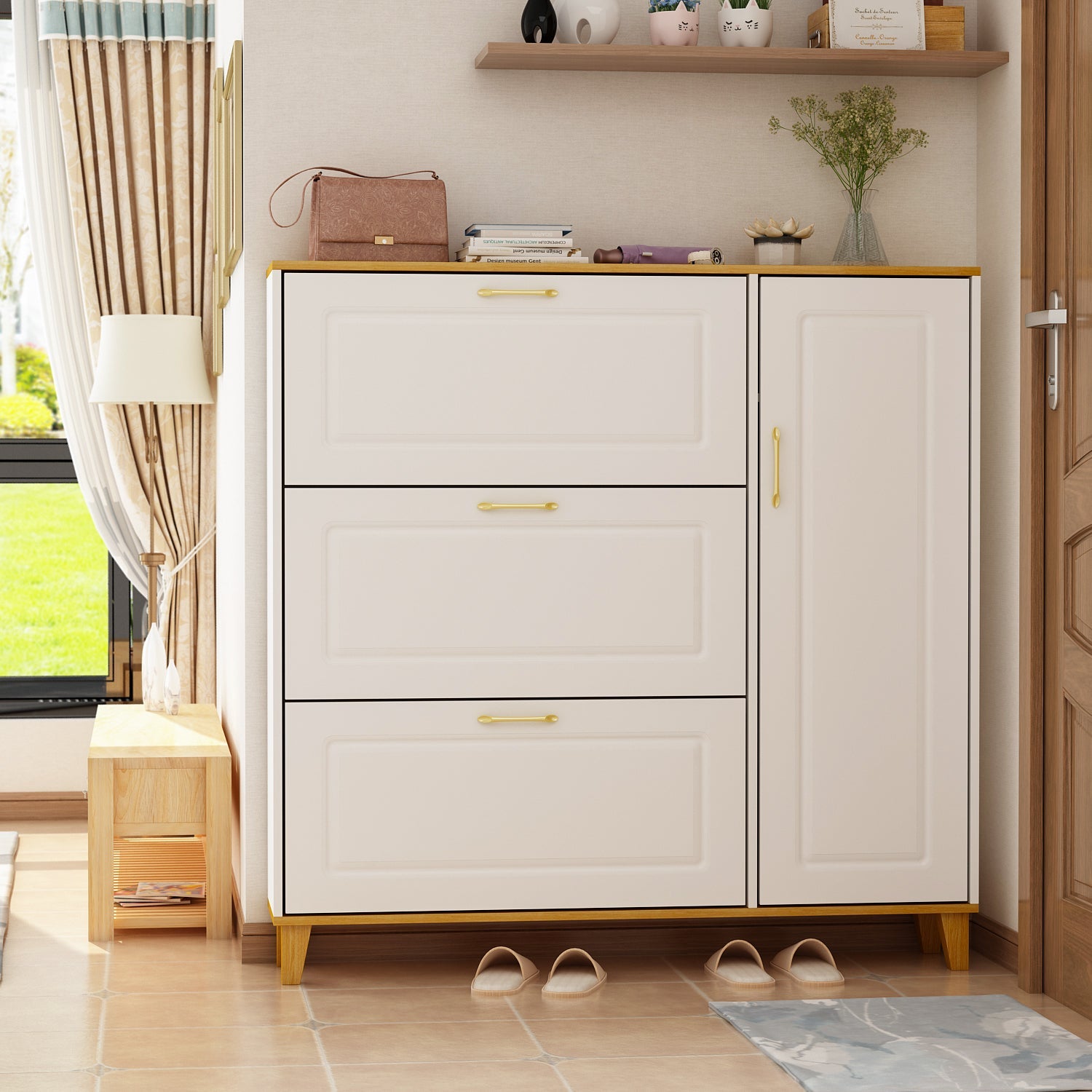 Modern Shoe Storage Cabinet with 3 Compartments & 1 Locker Shoe Cabinet Organizer for Entryway