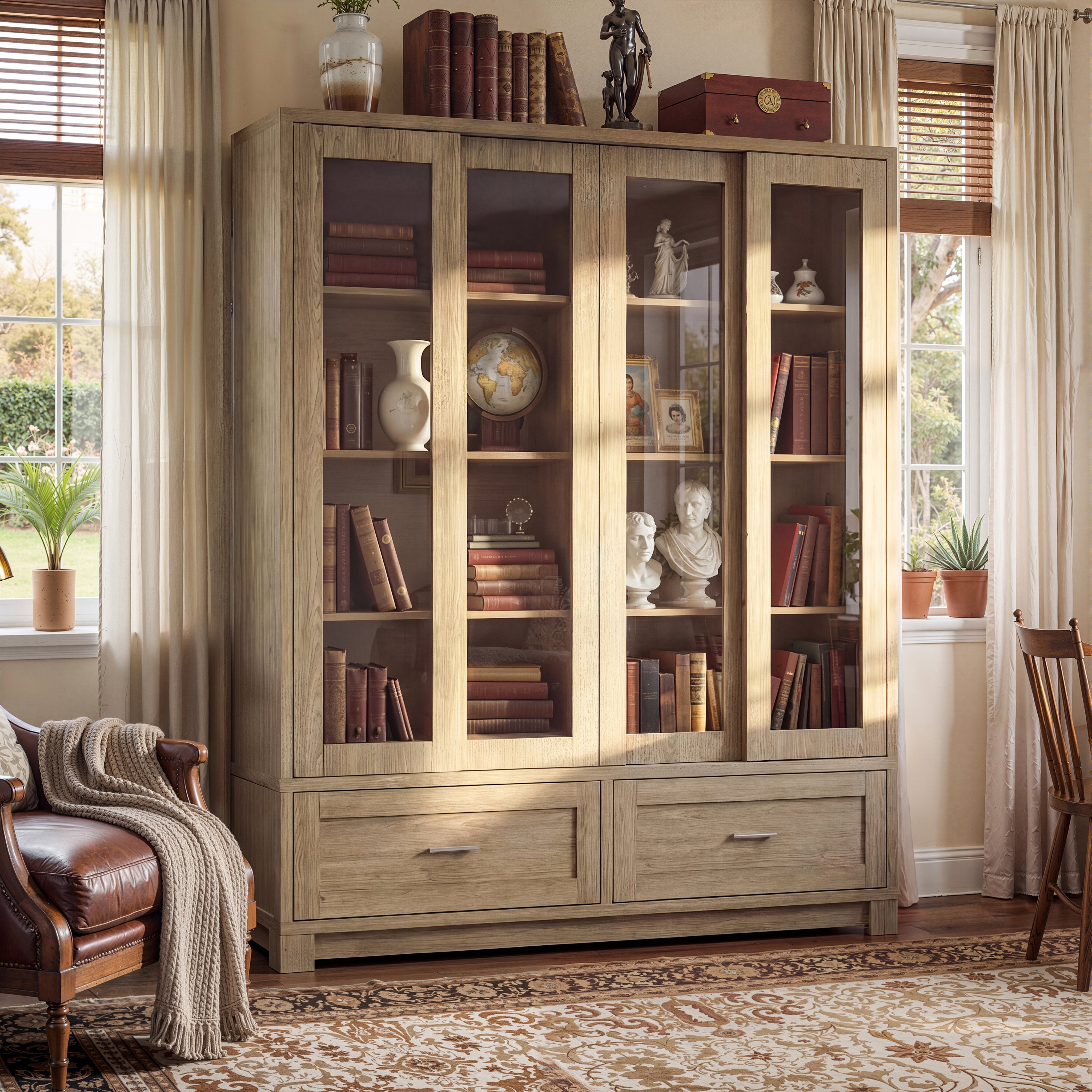 63 inches Modern Rustic Wood China Cabinet with 2 Drawers and 4 Sliding Glass Doors