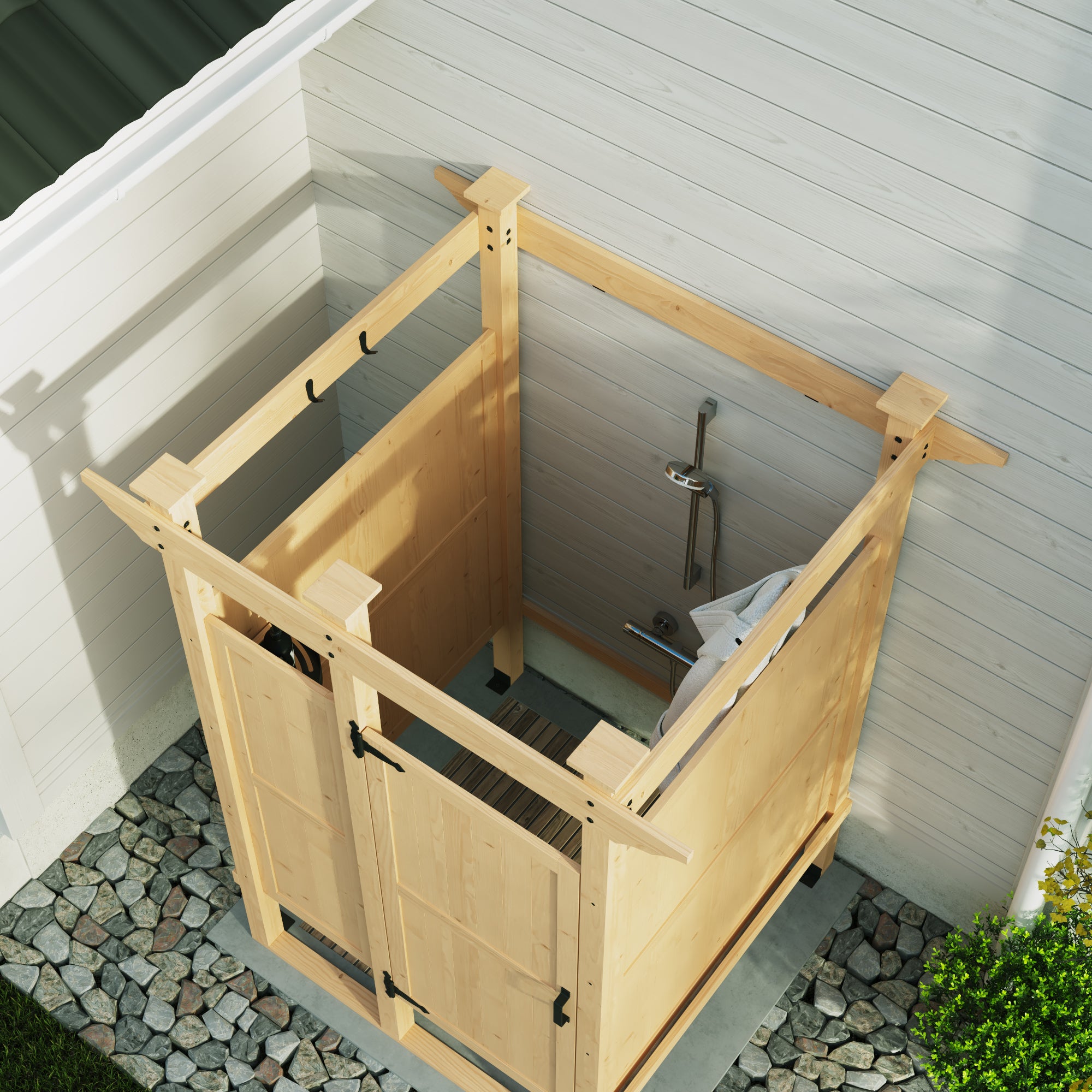 Wooden outdoor shower enclosure with a roof and doors, set against a house exterior
