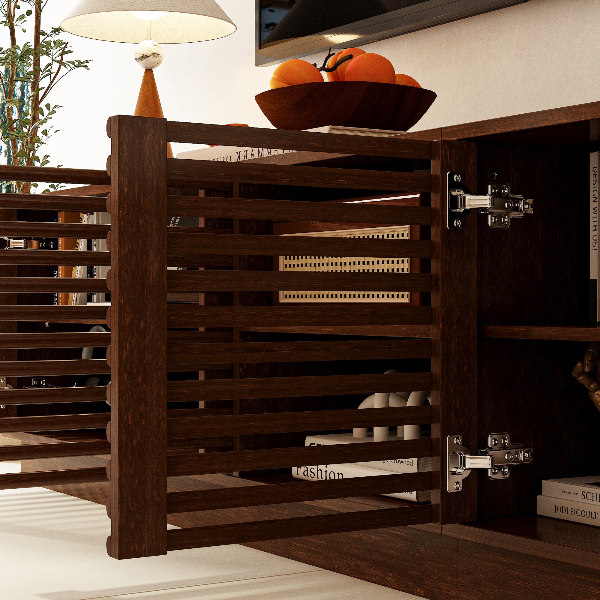 Mid-Century Modern TV Stand With Slatted Doors, Open Shelves, And Cable Management