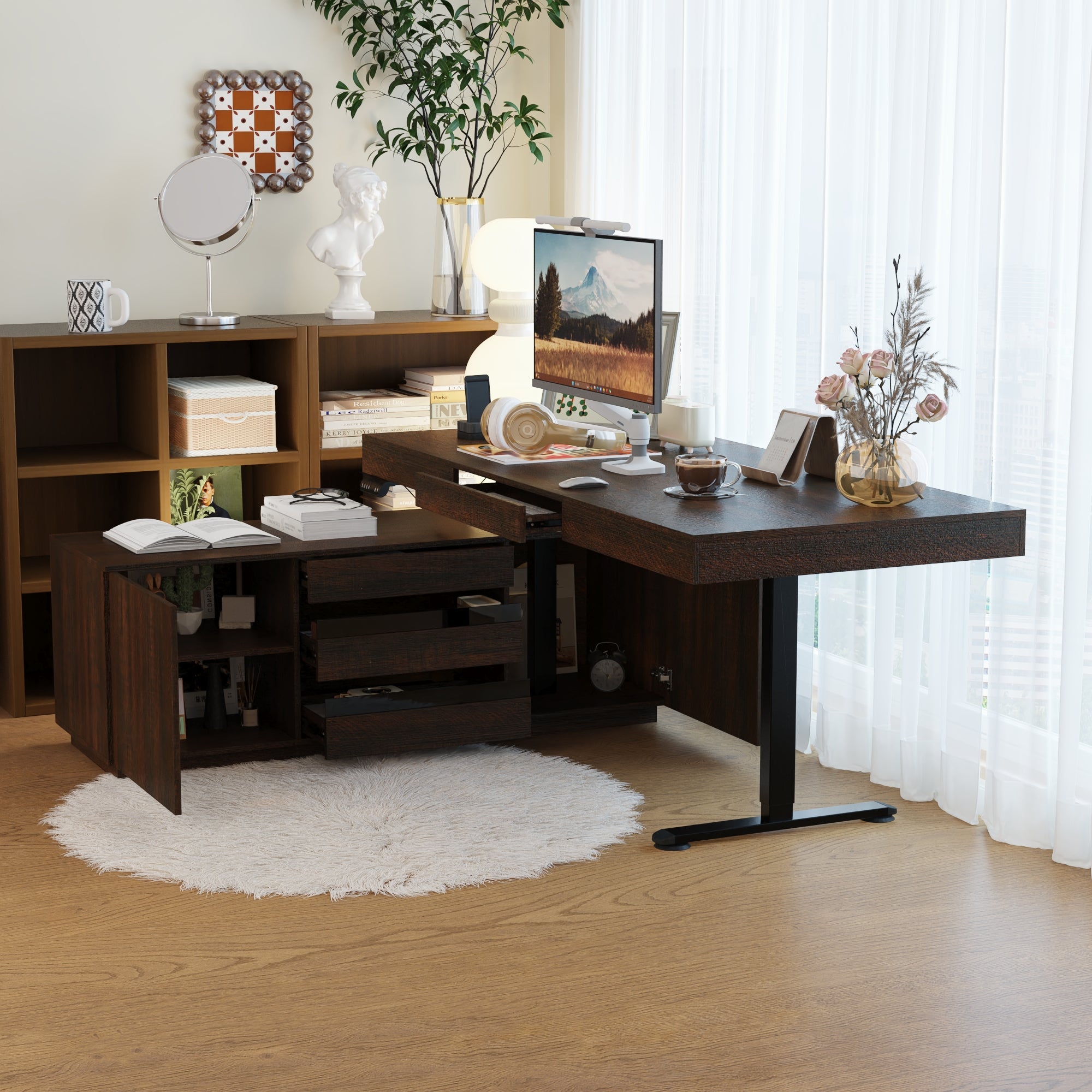 71'' W L-Shaped 3-Drawer Lift Computer Desk (29'' H To 44'' H) With 59'' W Bookcase