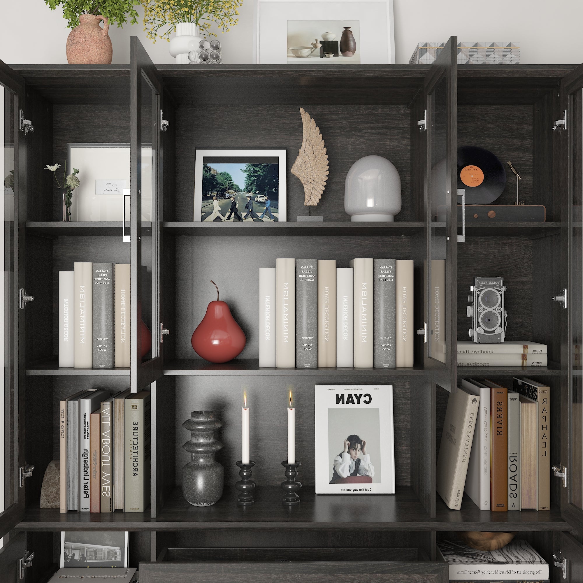 80'' H X 60.6'' W 6-Tier Bookcase With Glass Doors & Drawer