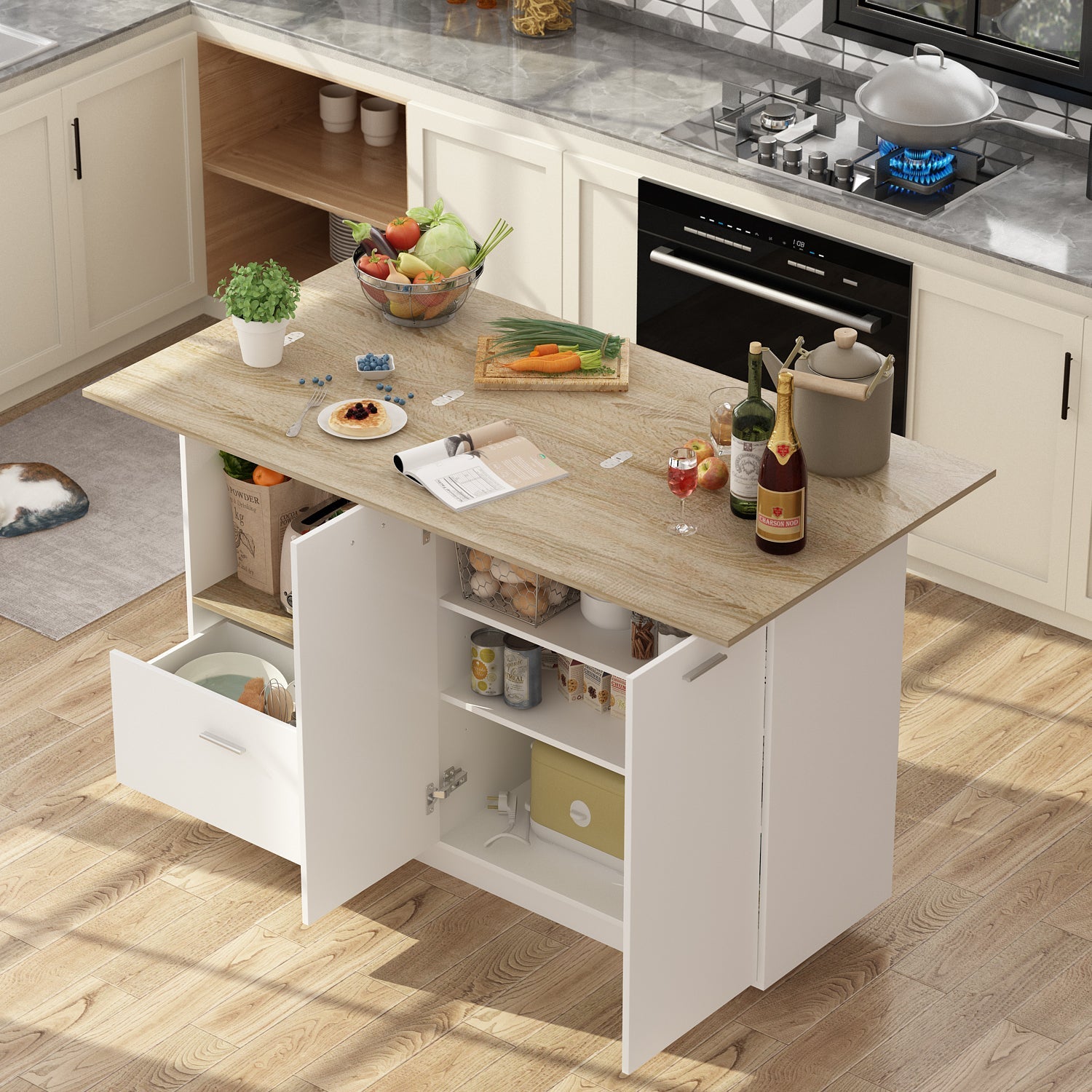 59.1 inches Modern Minimalist White Kitchen Island with Open Storage a