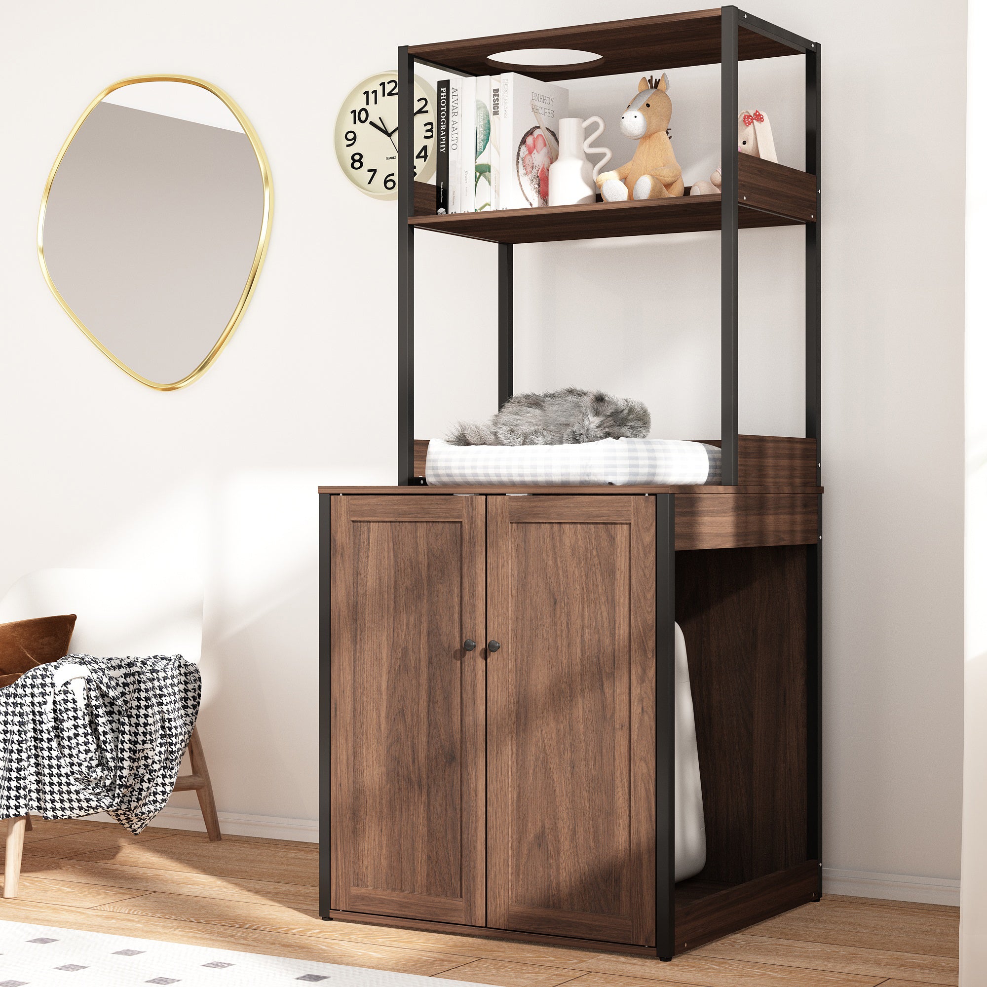 30.8 inches Walnut Wood‑Grain Cat Litter Box Enclosure with Multi‑Level Cat Perch and Storage Shelves