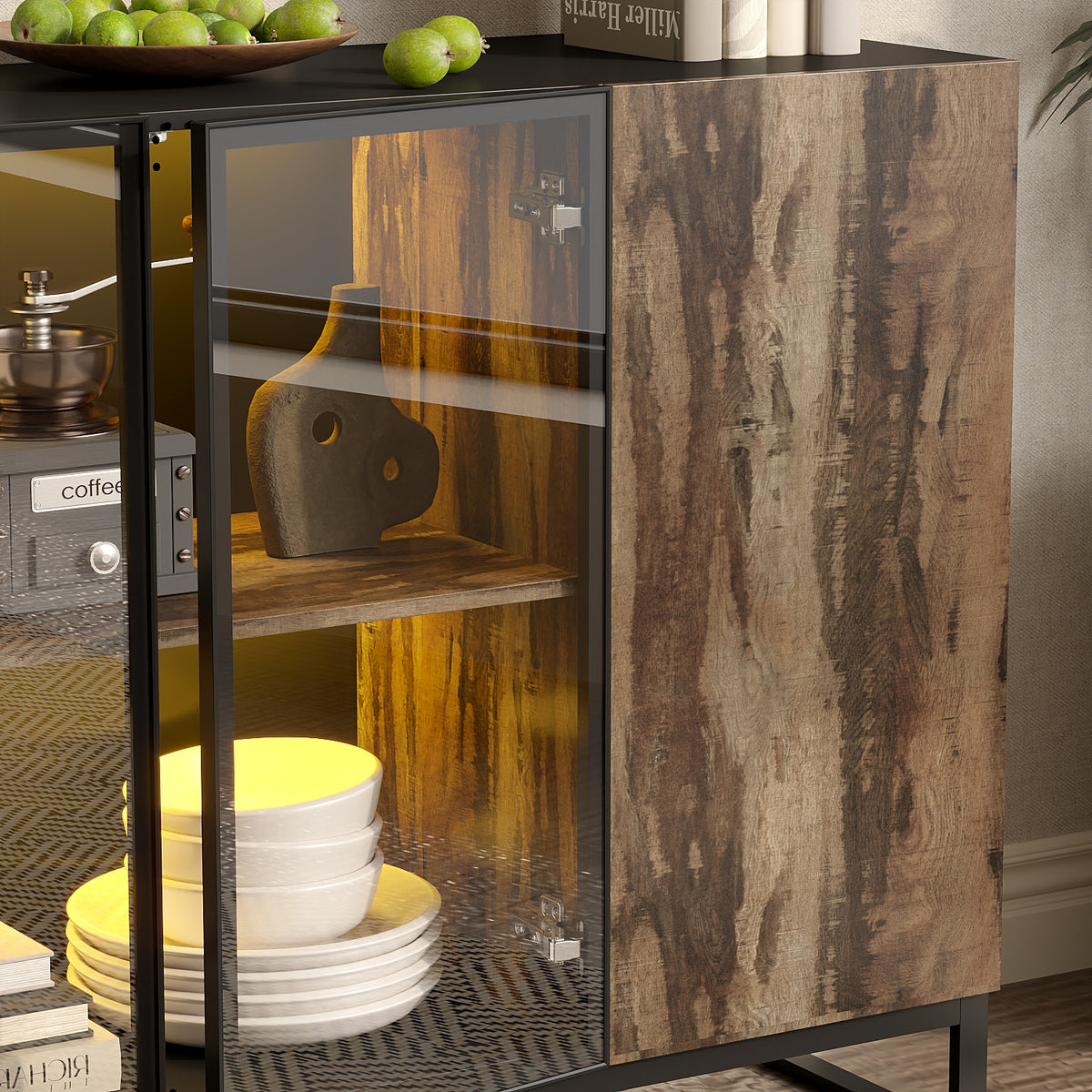 47.2 inch Black Sideboard Buffet Cabinet with LED Lights and Glass Doors