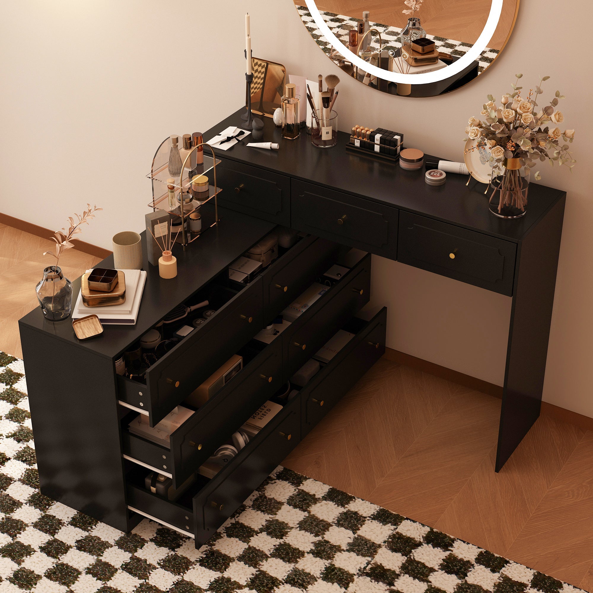 Extendable Vanity Table With 9 Drawers