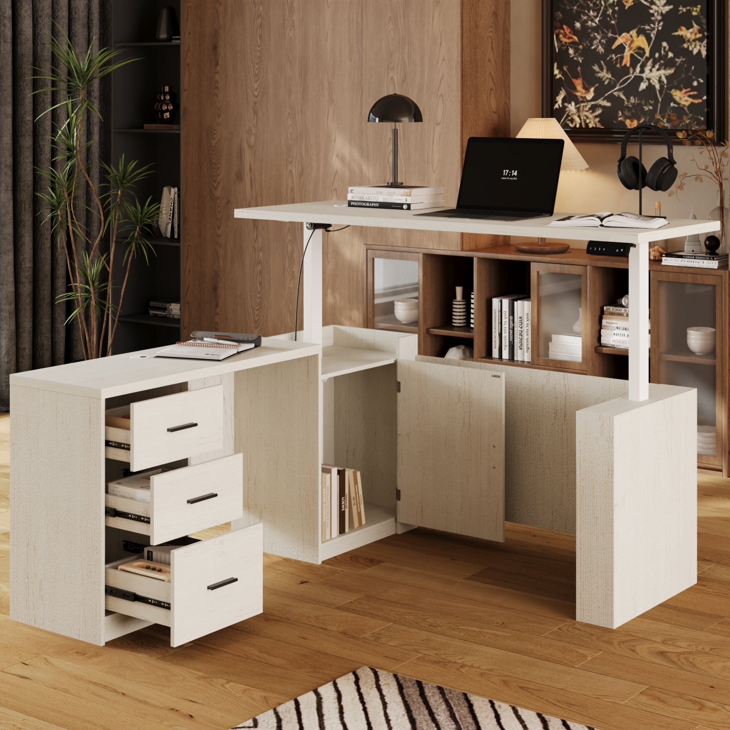 63"W L-Shaped 3-Drawer Lift Computer Desk