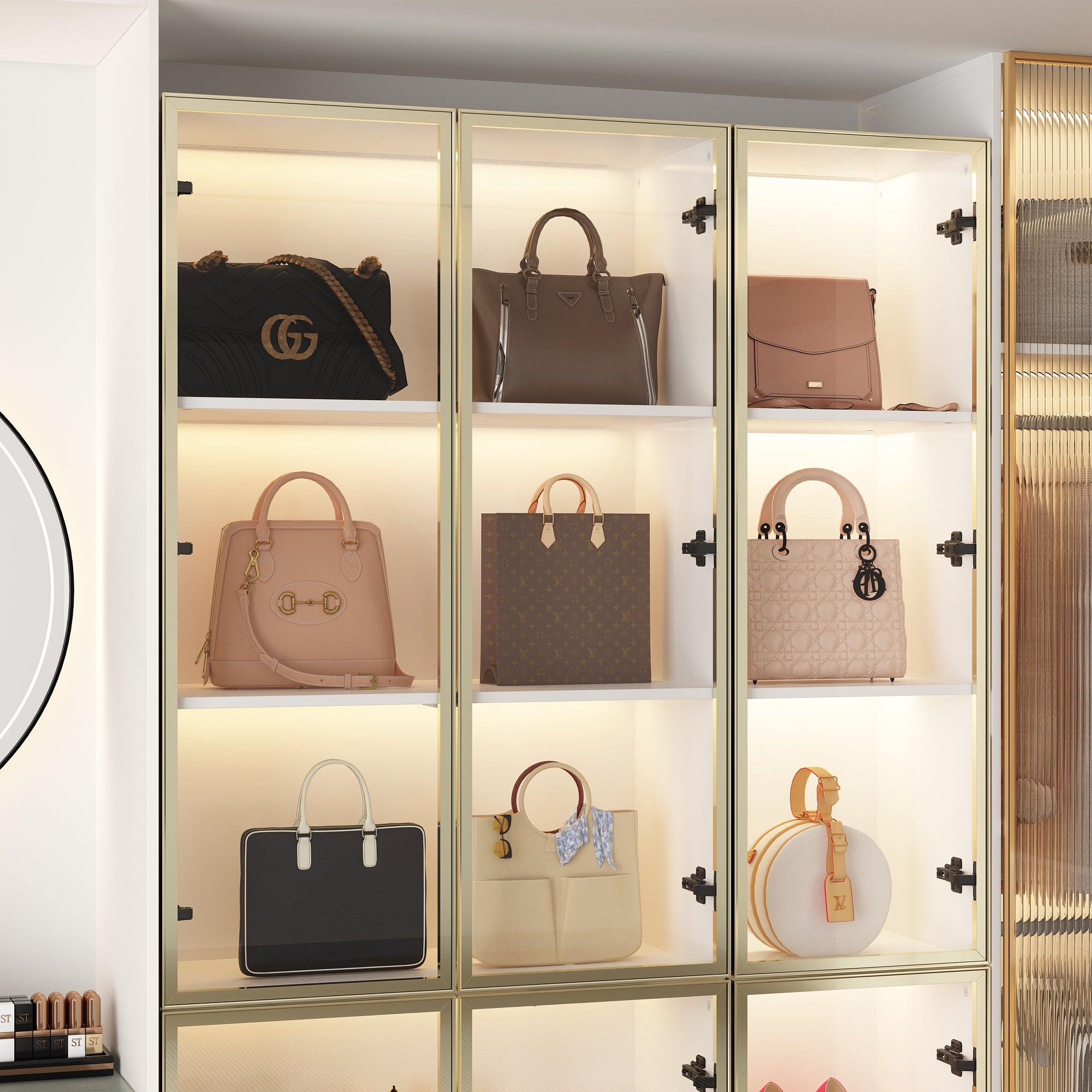 78.7'' H x 63'' W Bookcase with Glass Doors & 3-Color Changing Lights