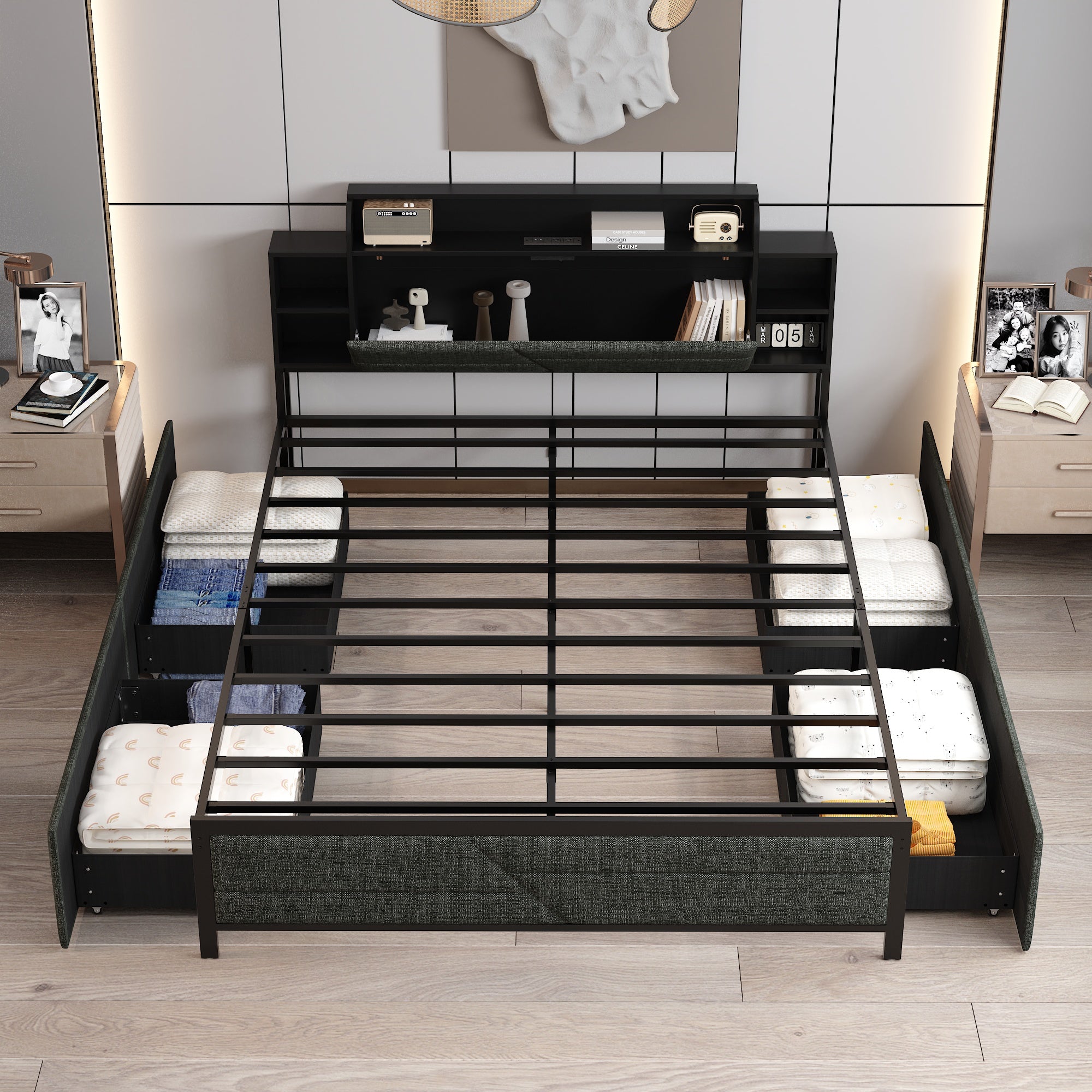 Low Profile Platform Bed With Storage Drawers And Power Outlet