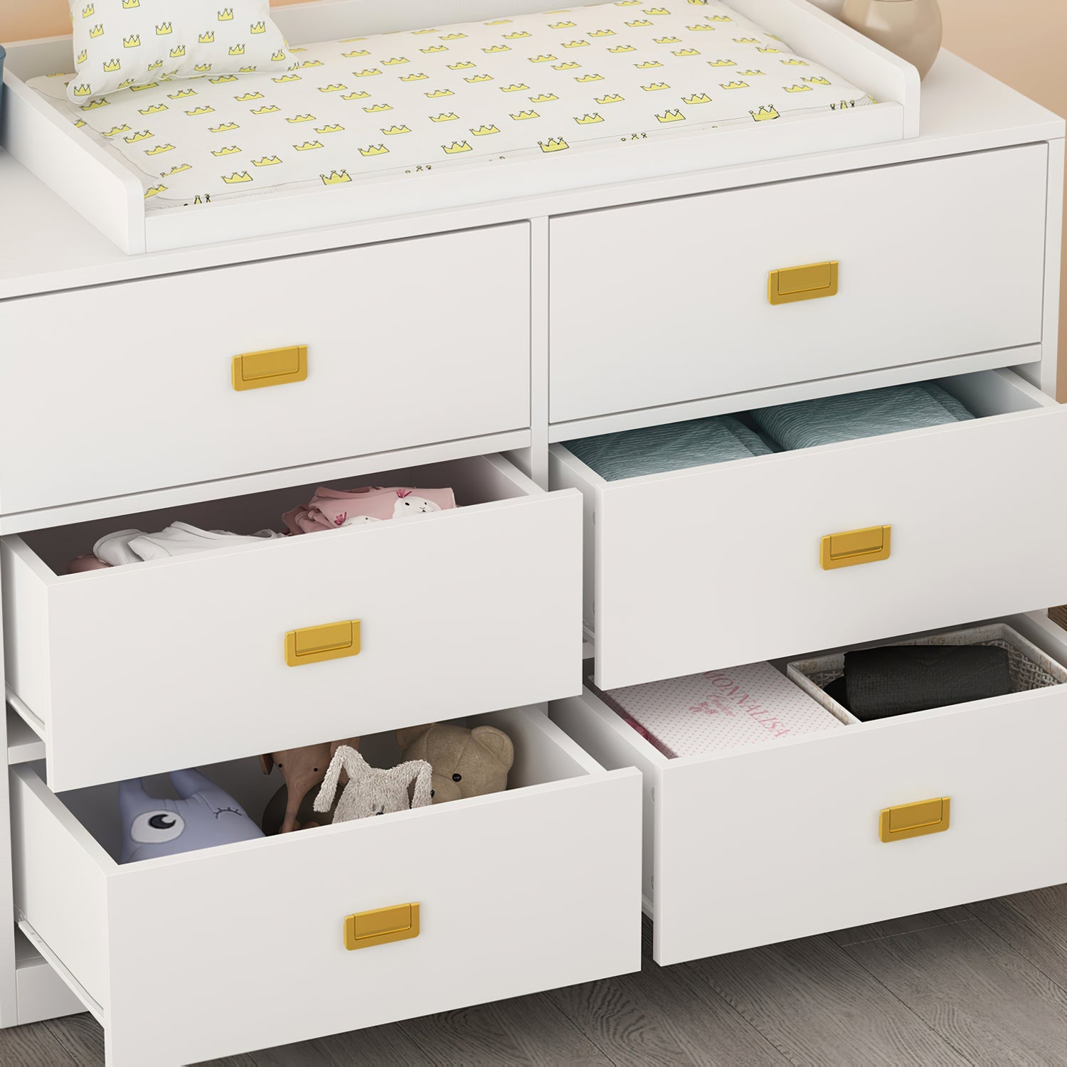 Changing Table Nursery Dresser Nontoxic Sideboard in White Finish with 6 Drawers