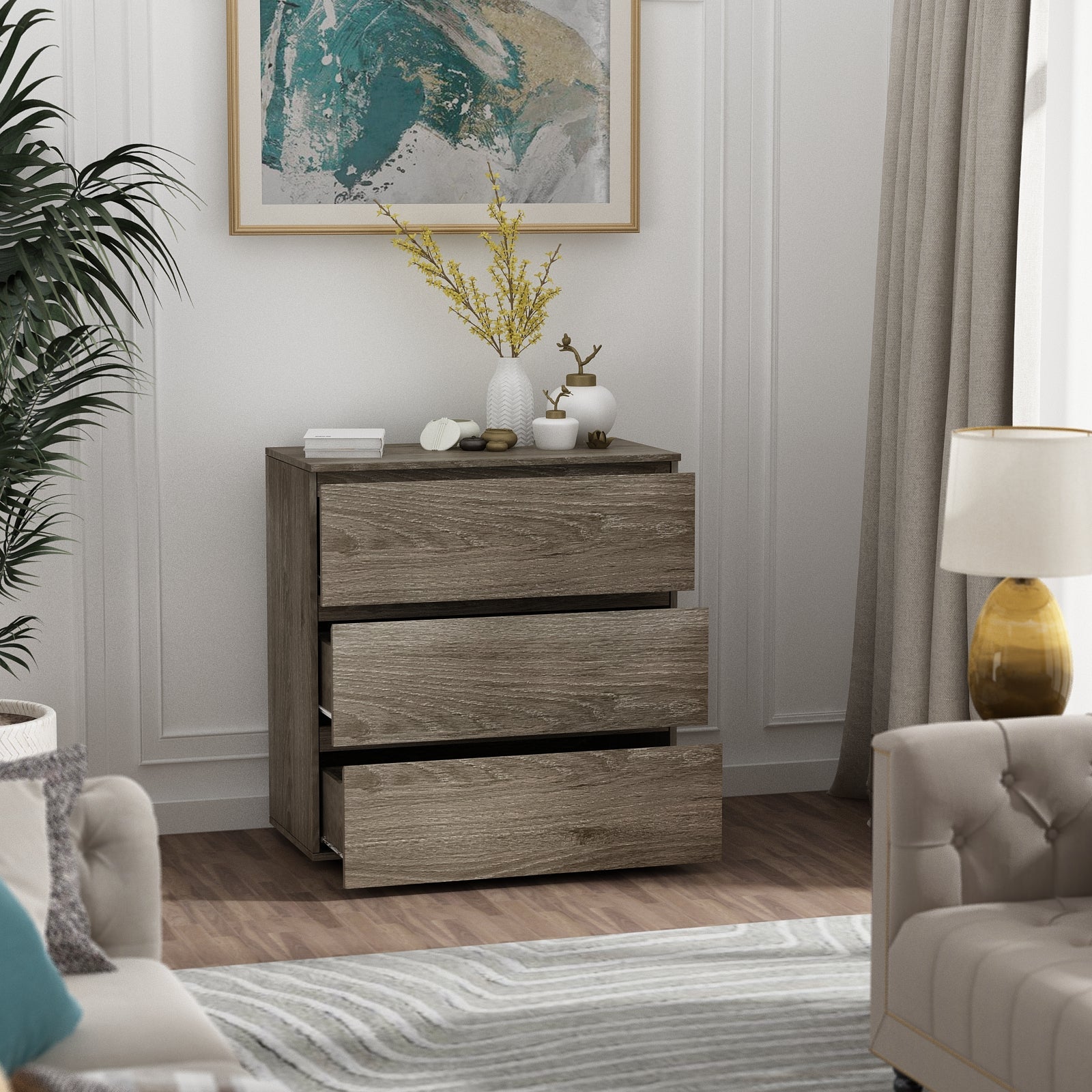 Chest Table Storage White Sideboard with 3 Drawers No-Handle Organizer