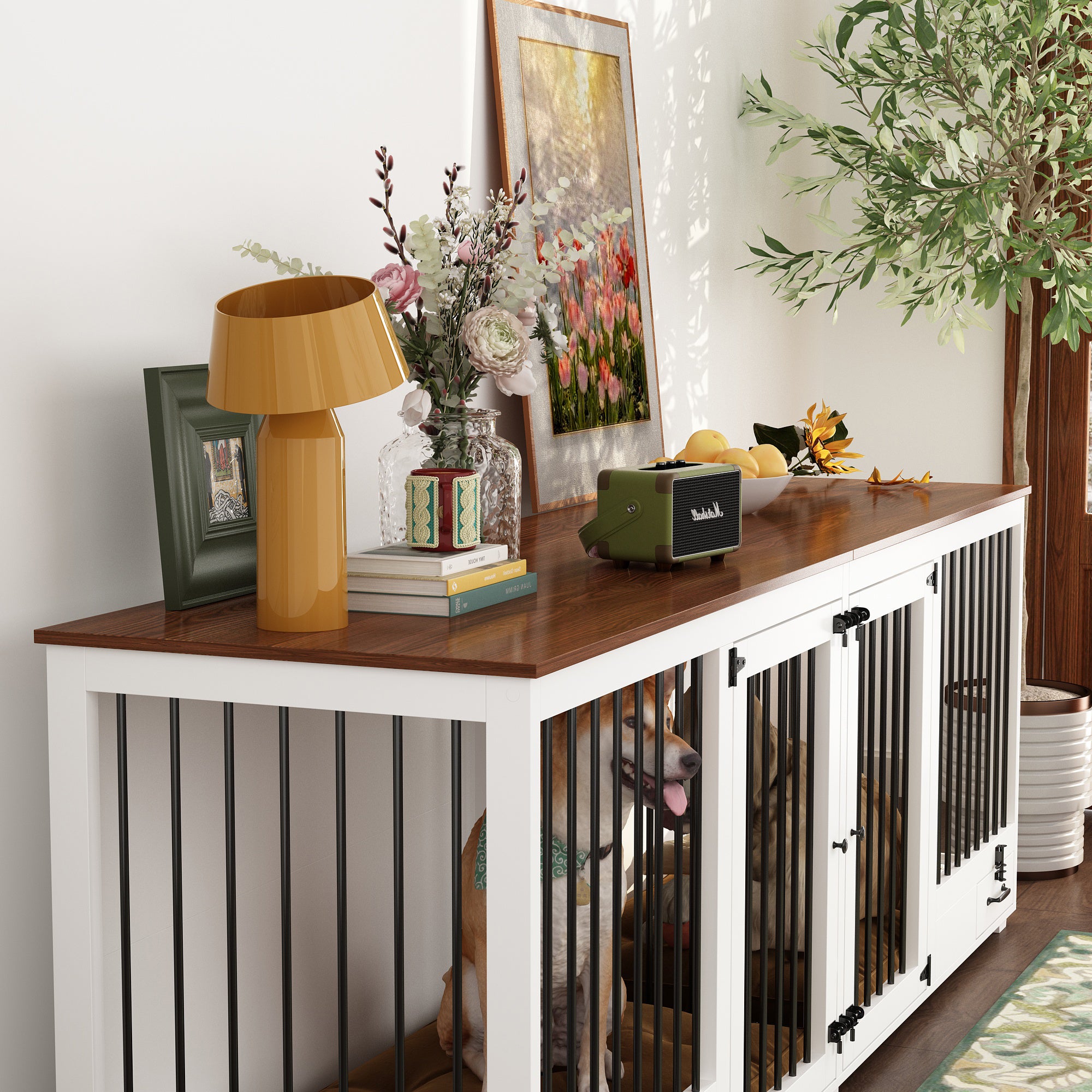 Large Dog Crate Furniture With Pull-Out Dog Bowls And Divider