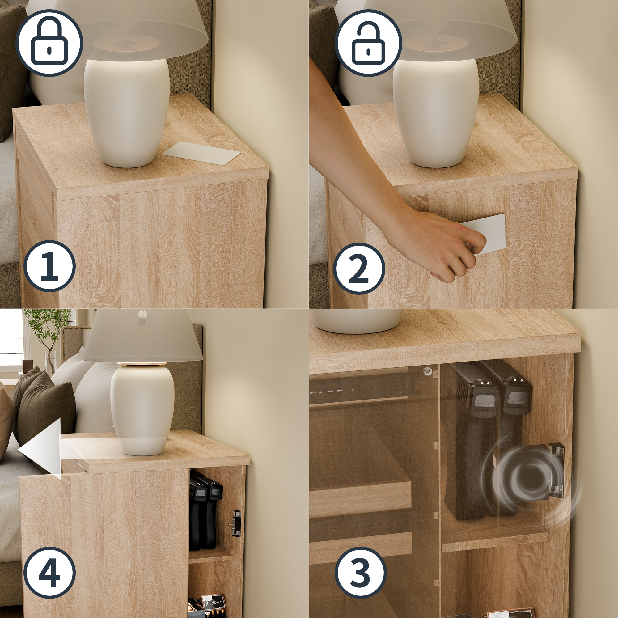 23.6 Inches Oak Engineered Wood 3-Drawer Lockable Smart Nightstand with Hidden Gun Storage Cabinet