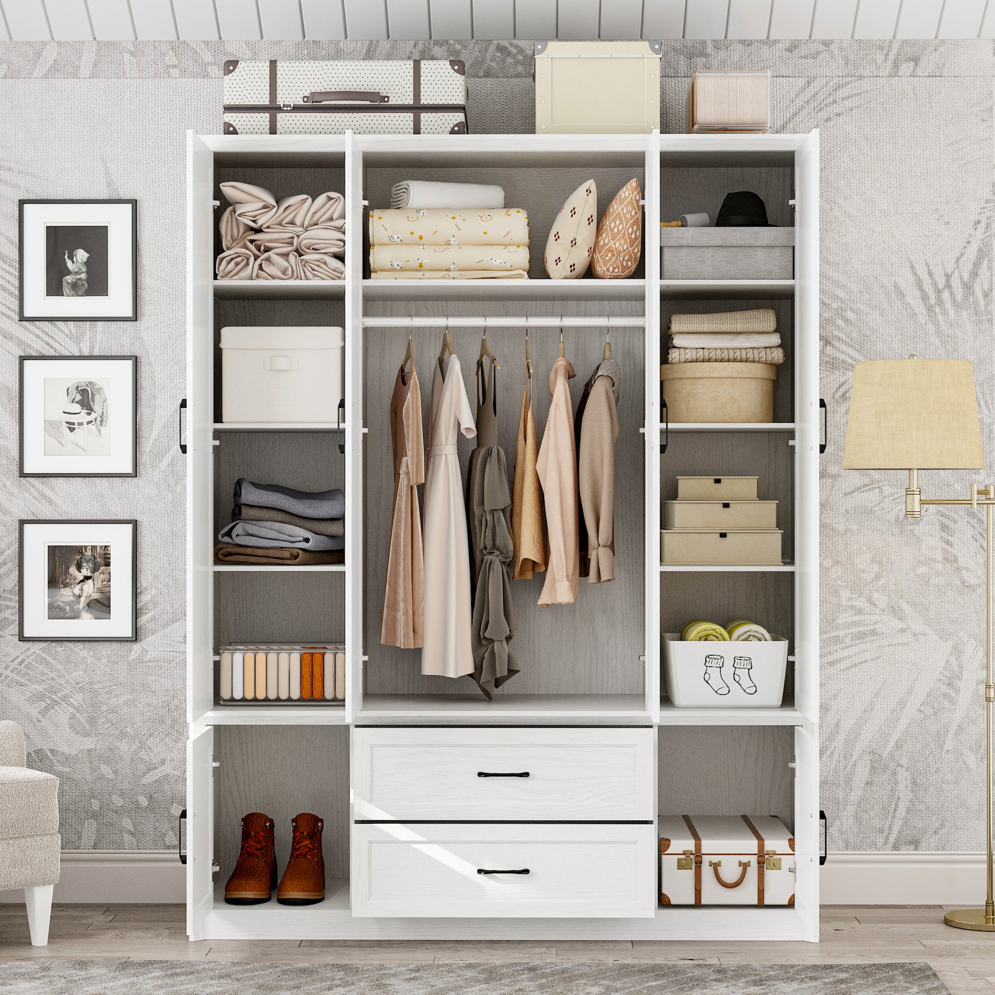 62" Wide 6 Doors 2 Drawers Wood Grain Wardrobe Armoire