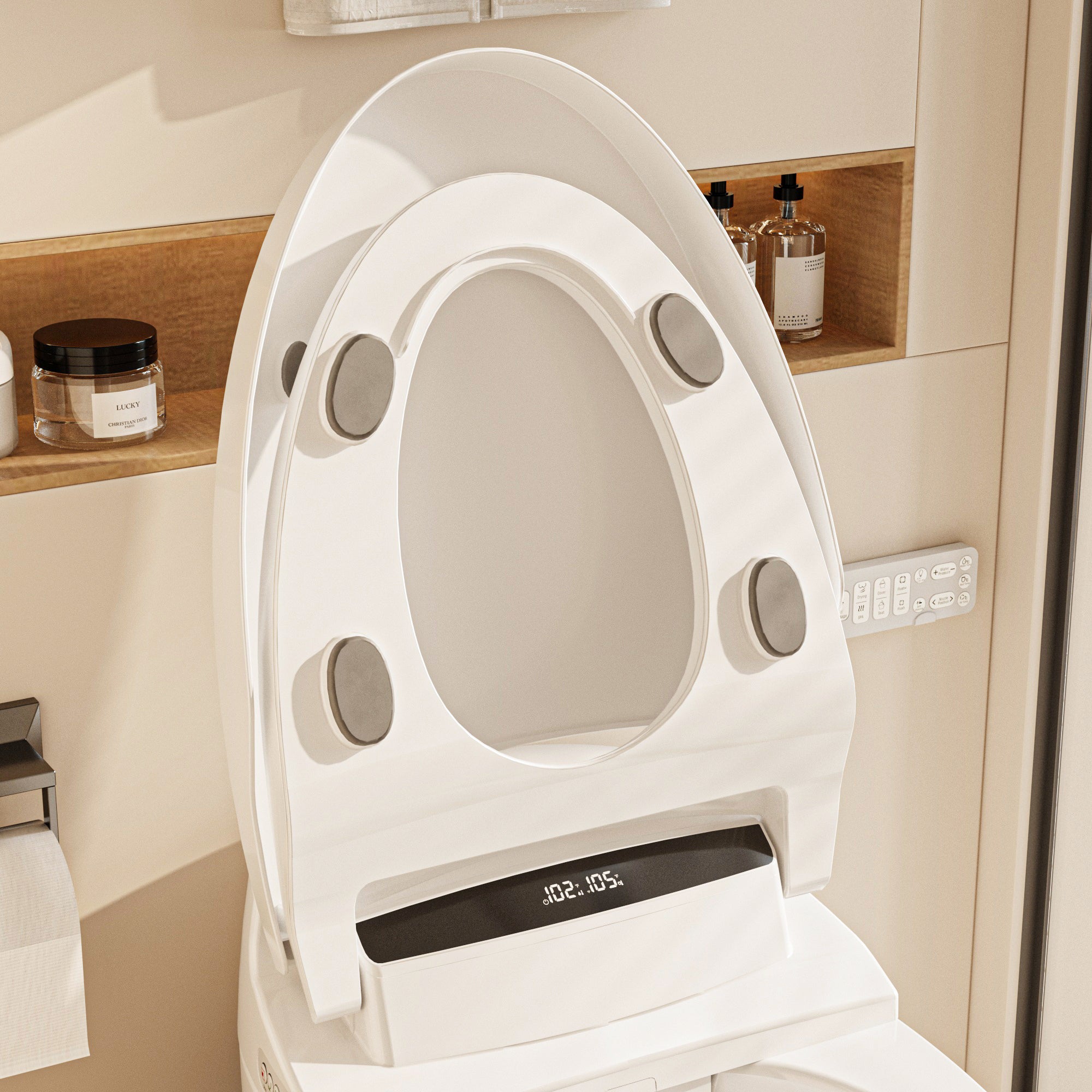 White smart toilet with closed lid, digital display, and built-in bidet