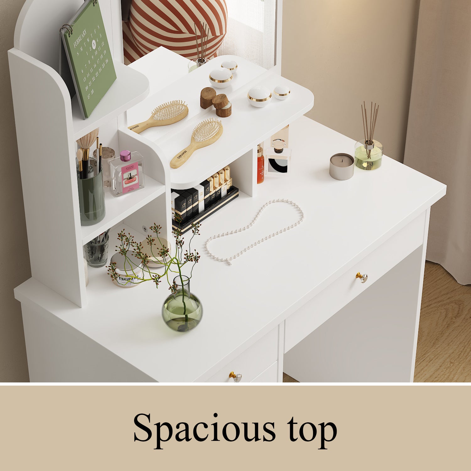 Modern Vanity Desk With Mirror, 5 Drawers, Shelves And Matching Stool, Makeup Dressing Table