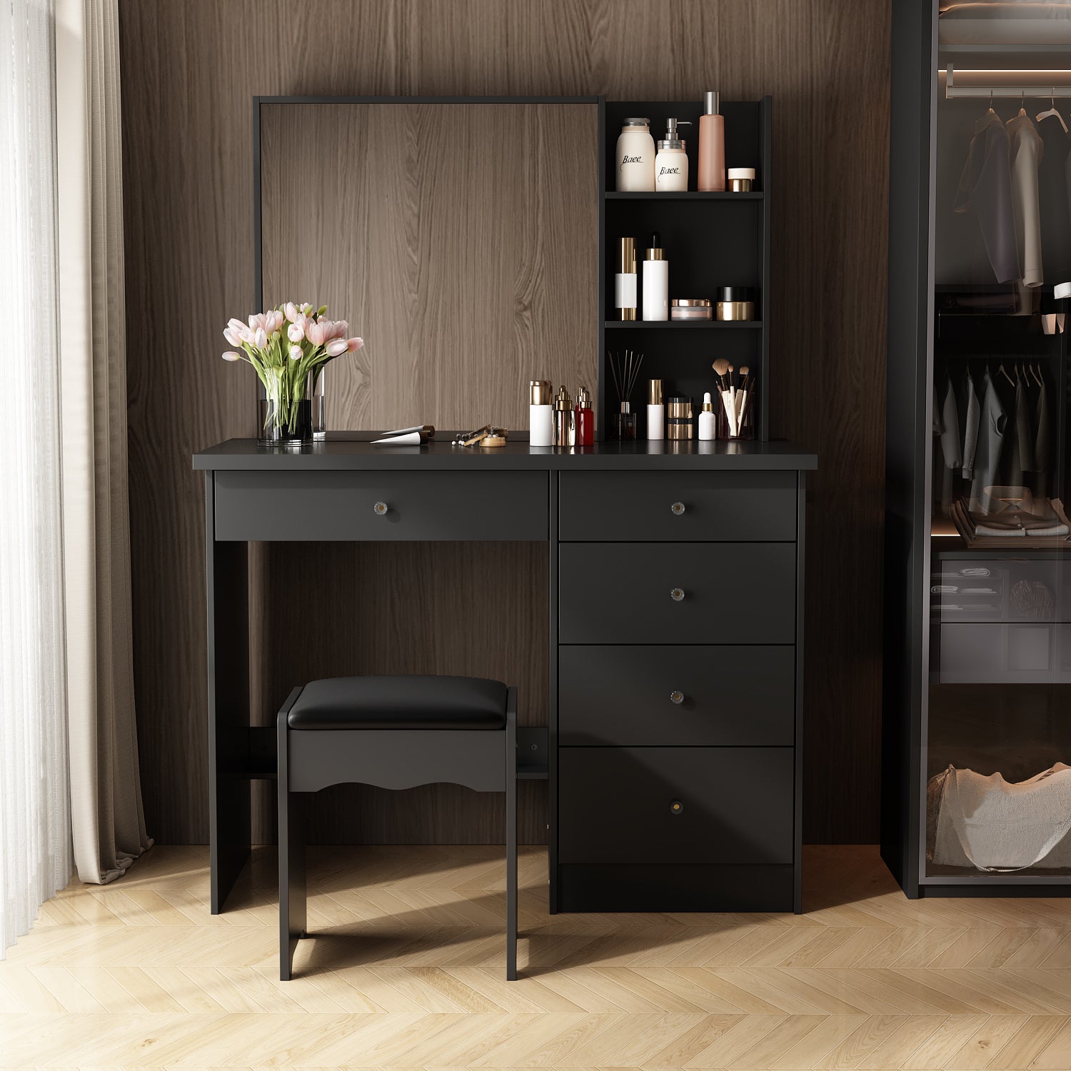Makeup Vanity Set with Cushioned Stool, 5 Drawers & Shelves