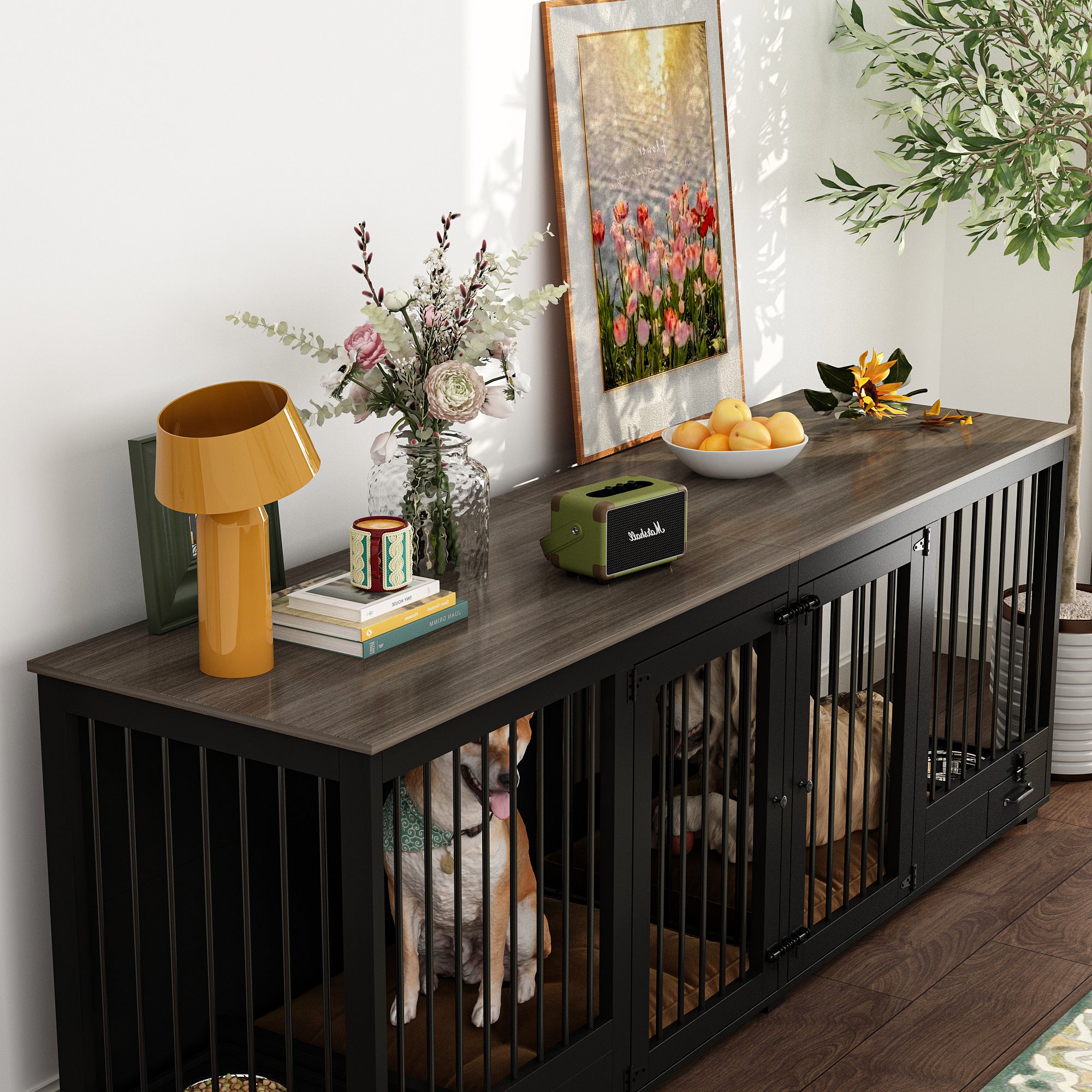 Large Dog Crate Furniture With Pull-Out Dog Bowls And Divider