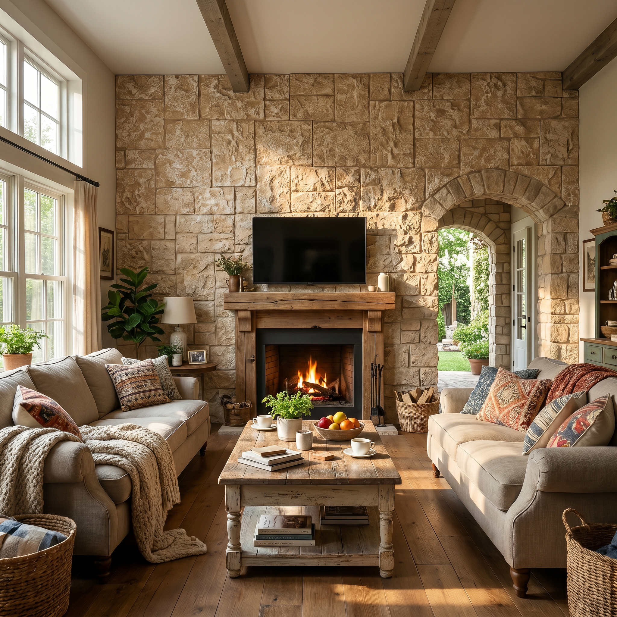 Beige Square Faux Stone Wall Panel Set of 9, Lightweight Indoor & Outdoor Decor Wall Panels