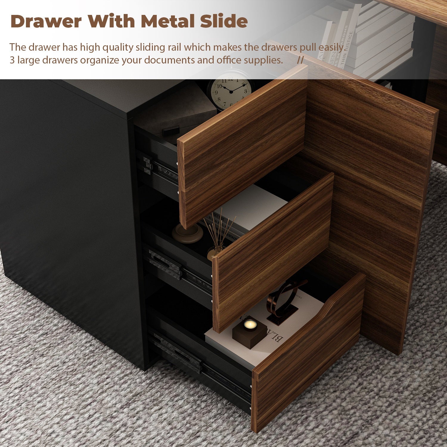 L-Shaped Corner Computer Desk with Drawers Brown Wood Grain