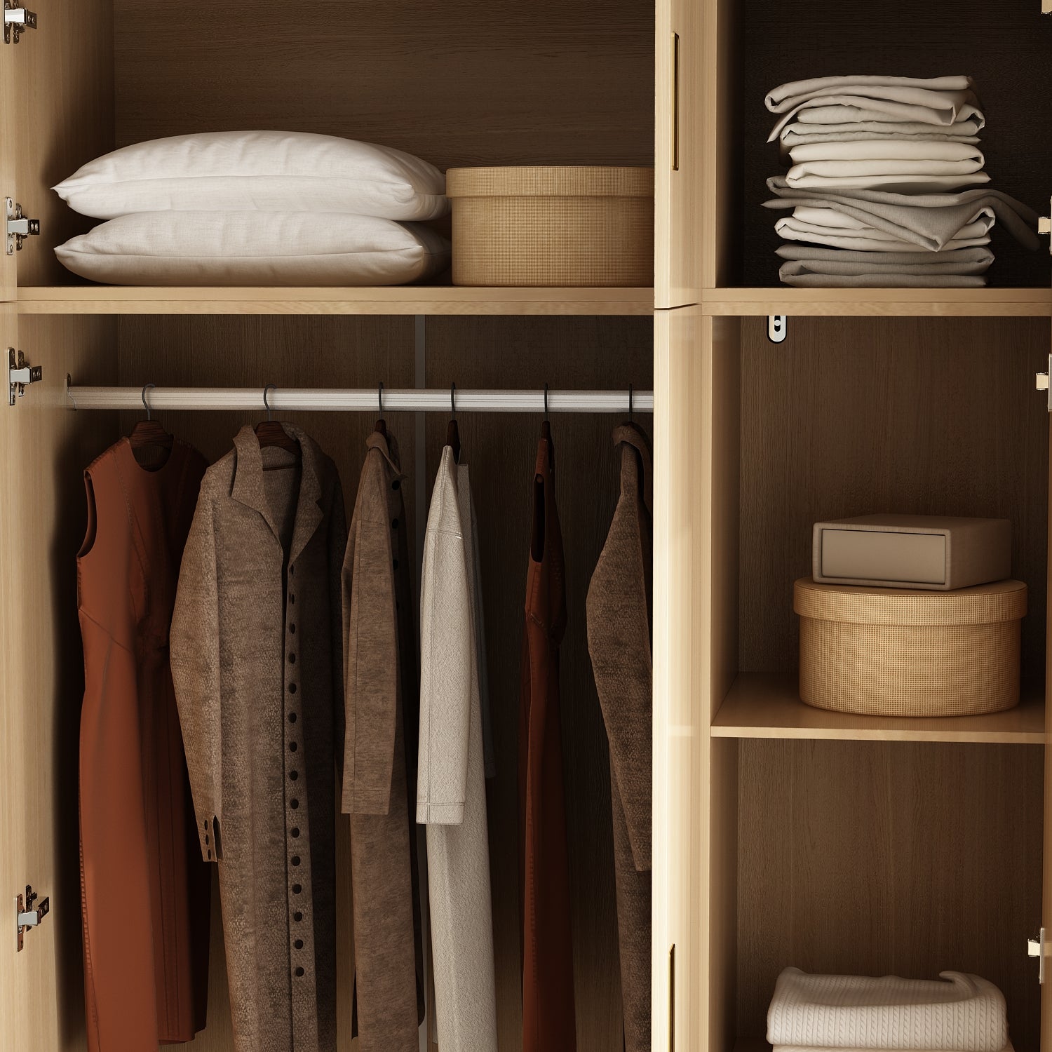 63 inches Beige Wood‑Grain 8‑Door Armoire Wardrobe with Top Cabinet, Hanging Rod and 2 Bottom Storage Drawers