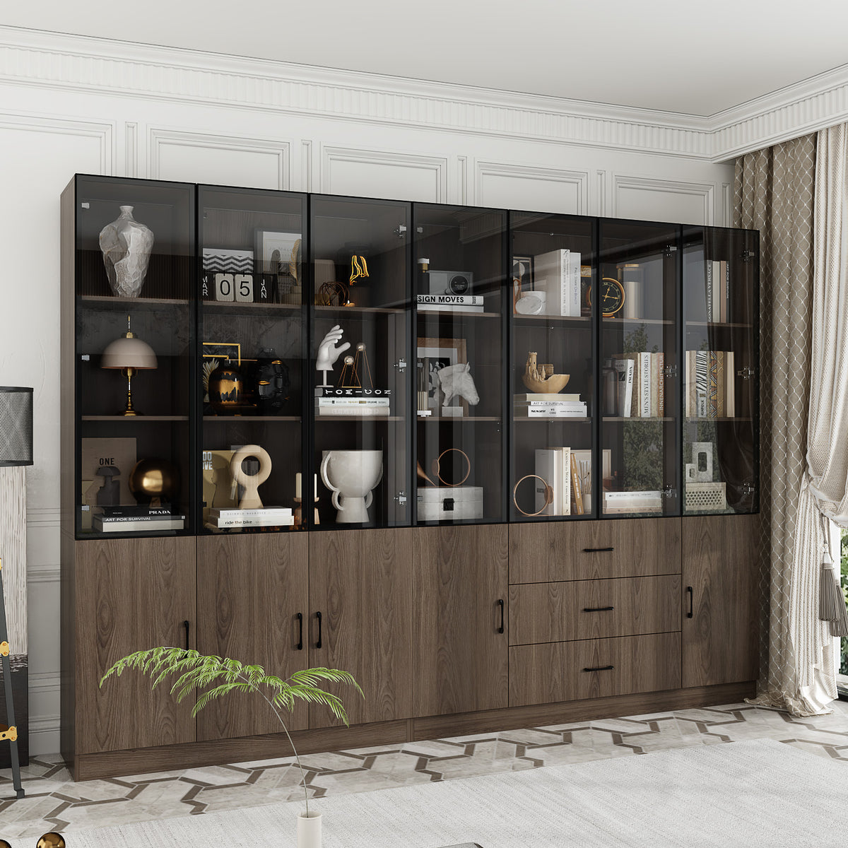 110.2 inch Modern Glass Doors Display Case with LED Lights and Drawers