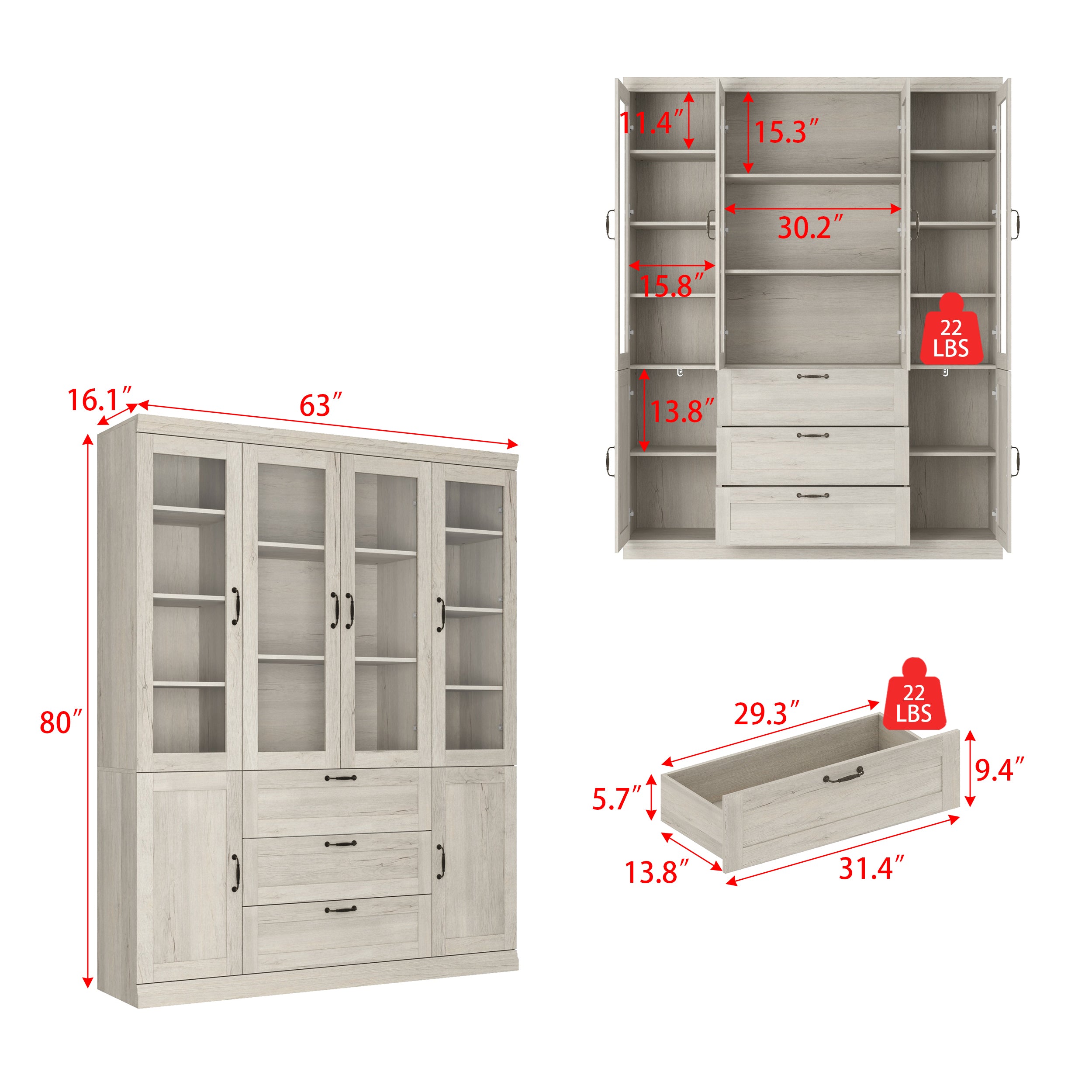 63 inch Rustic Gray-White Wood Bookcase Display Cabinet with Glass Doors & 3 Drawers