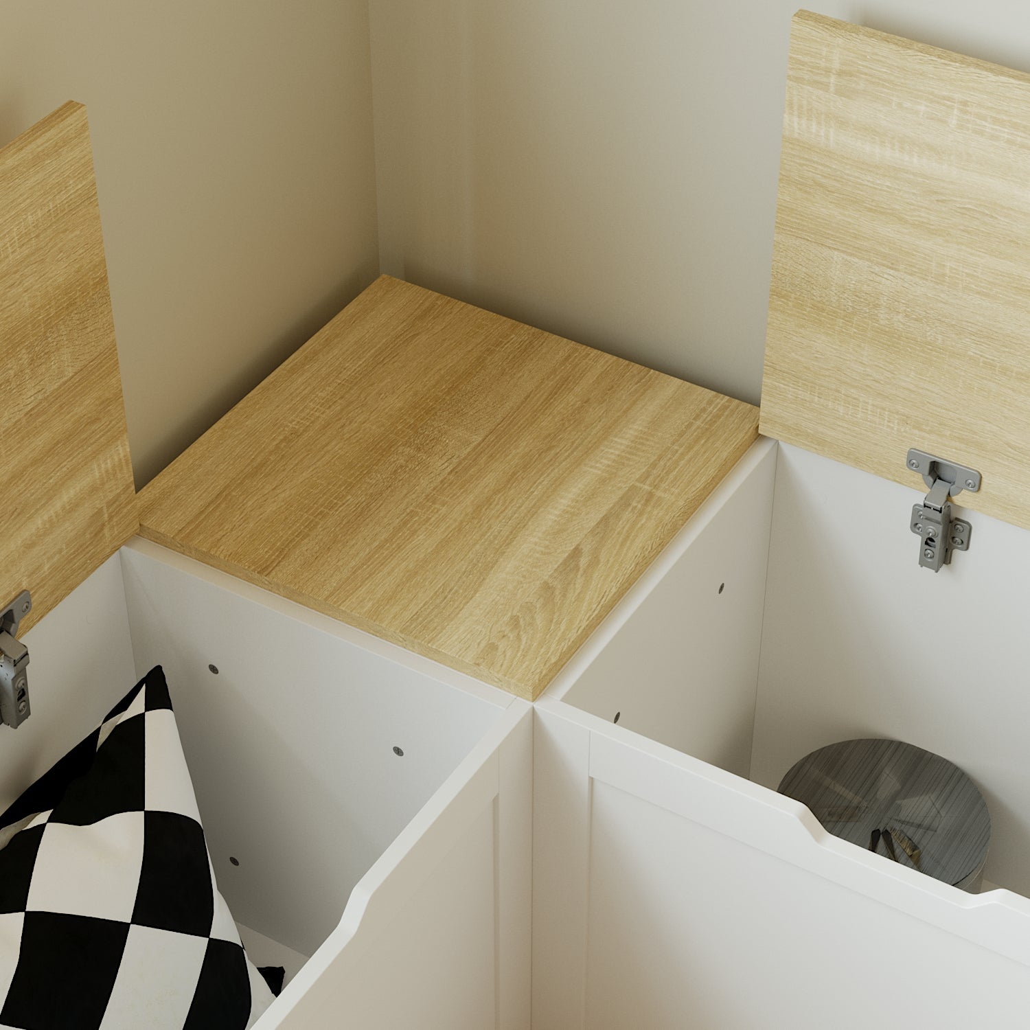 White corner shoe cabinet with bench seating and hidden storage
