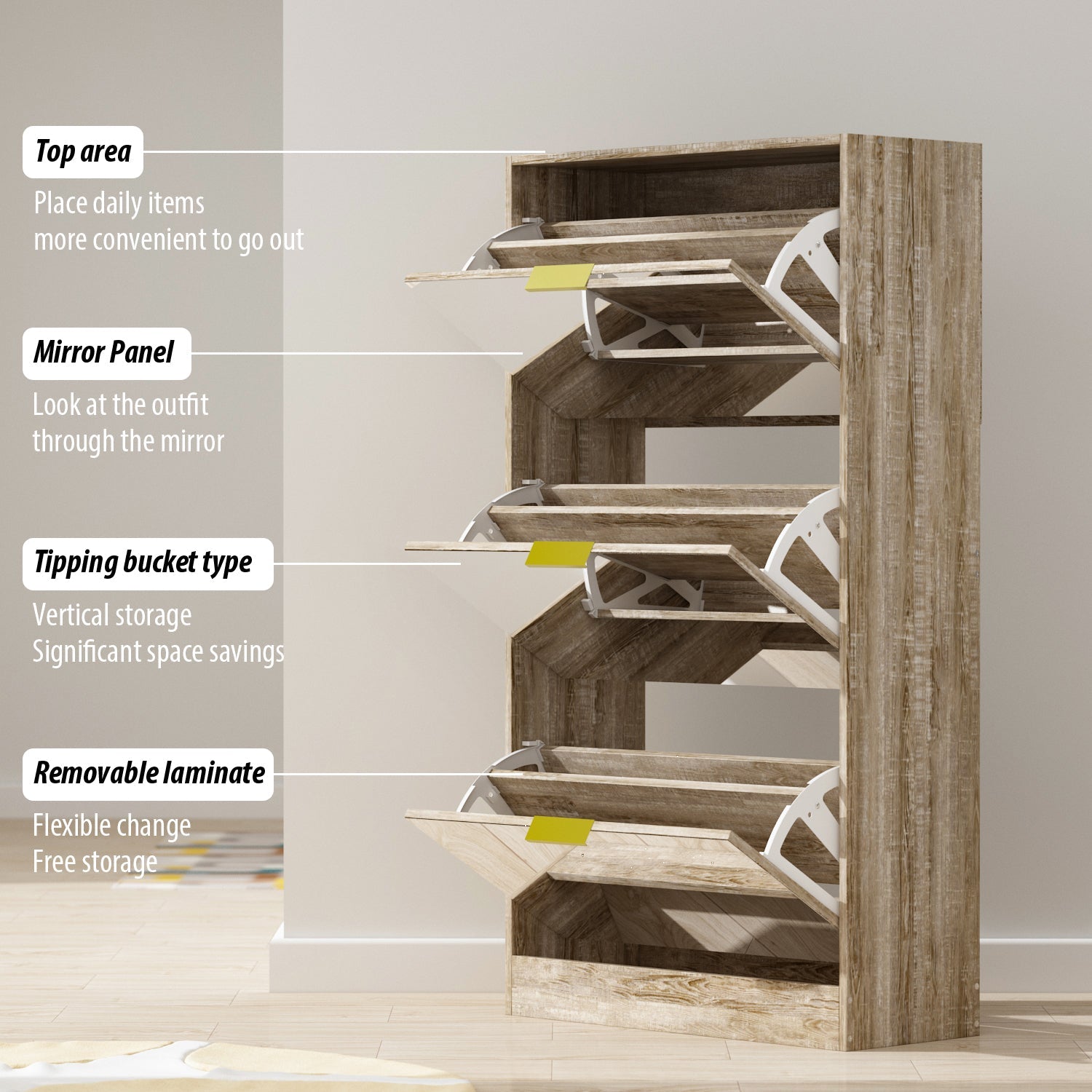 Entryway Shoe Storage Cabinet with 3 Flip Drawers Wood Shoe Cabinet Shoe Organizer with Mirrored Front