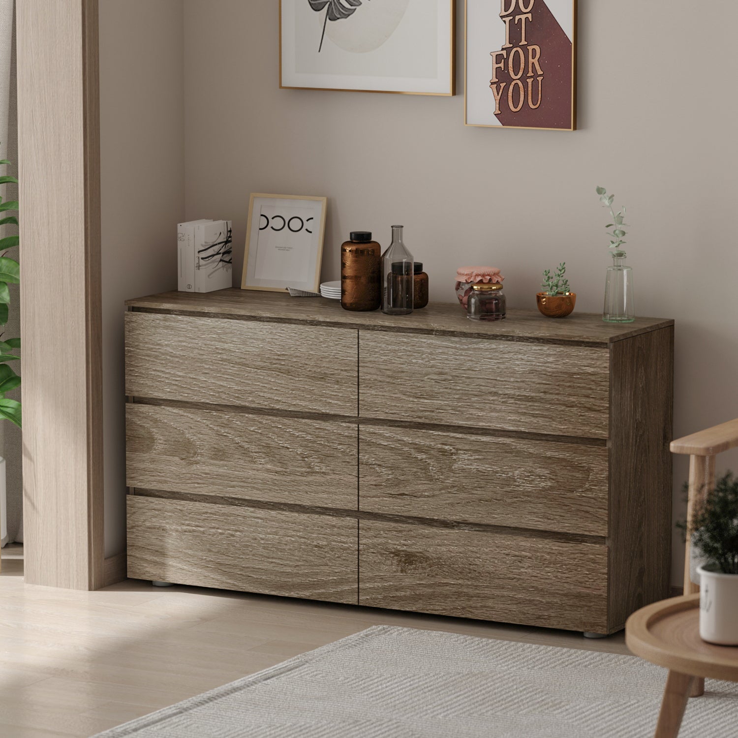 Distressed Sideboard 6-Drawer Storage Buffet Display Table Grain Texture for Living Room and Kitchen