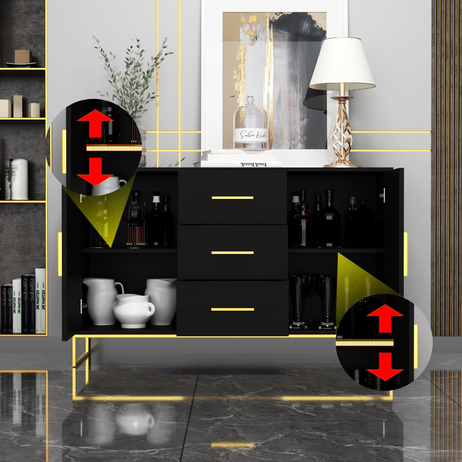 Buffet Sideboard with 3 Drawers & 2 Doors Storage Cabinet Sideboard Credenza Metal Legs for Dining Room and Living Room